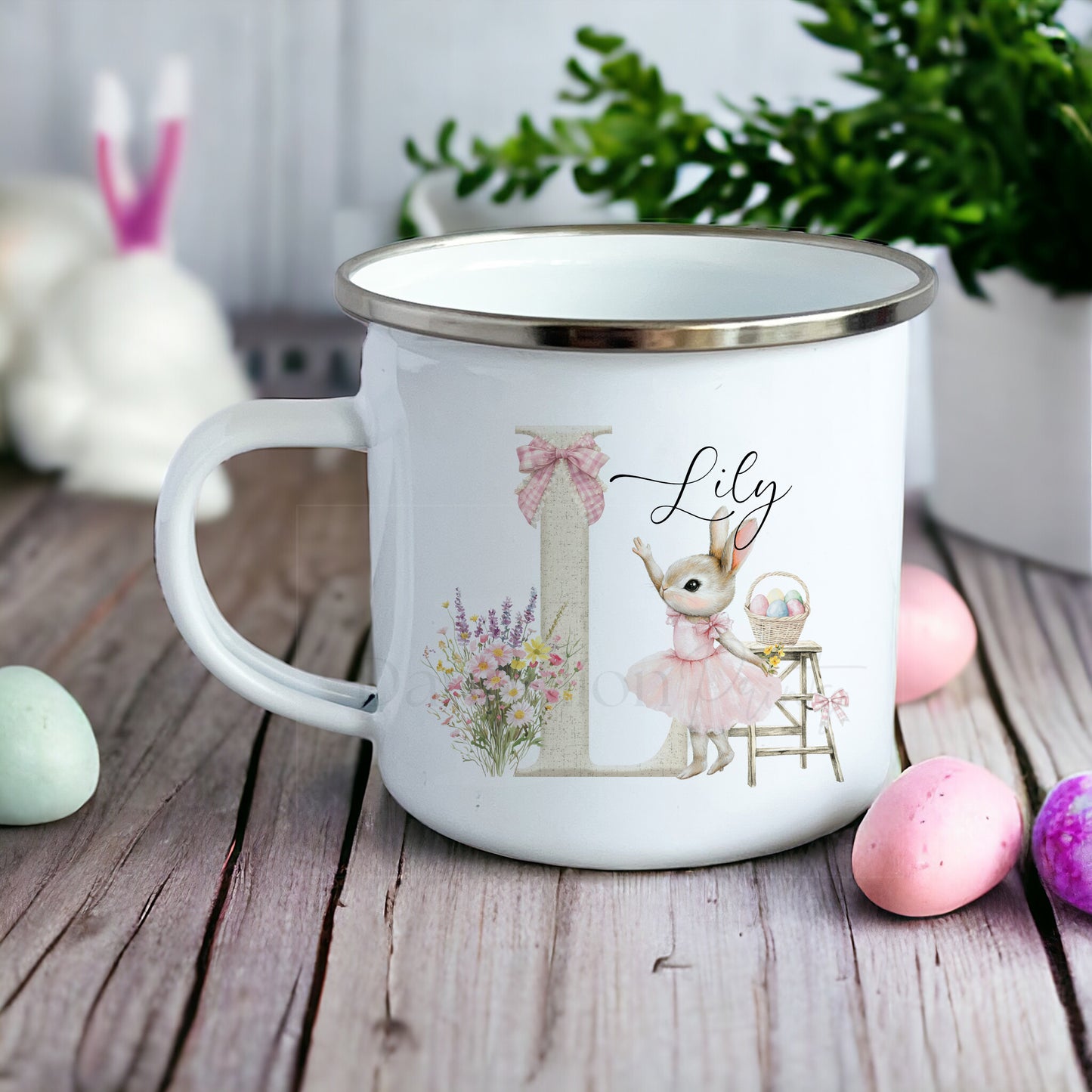 Personalised Easter Bunny Mugs & Flask - Cute Pink or Blue Bunny