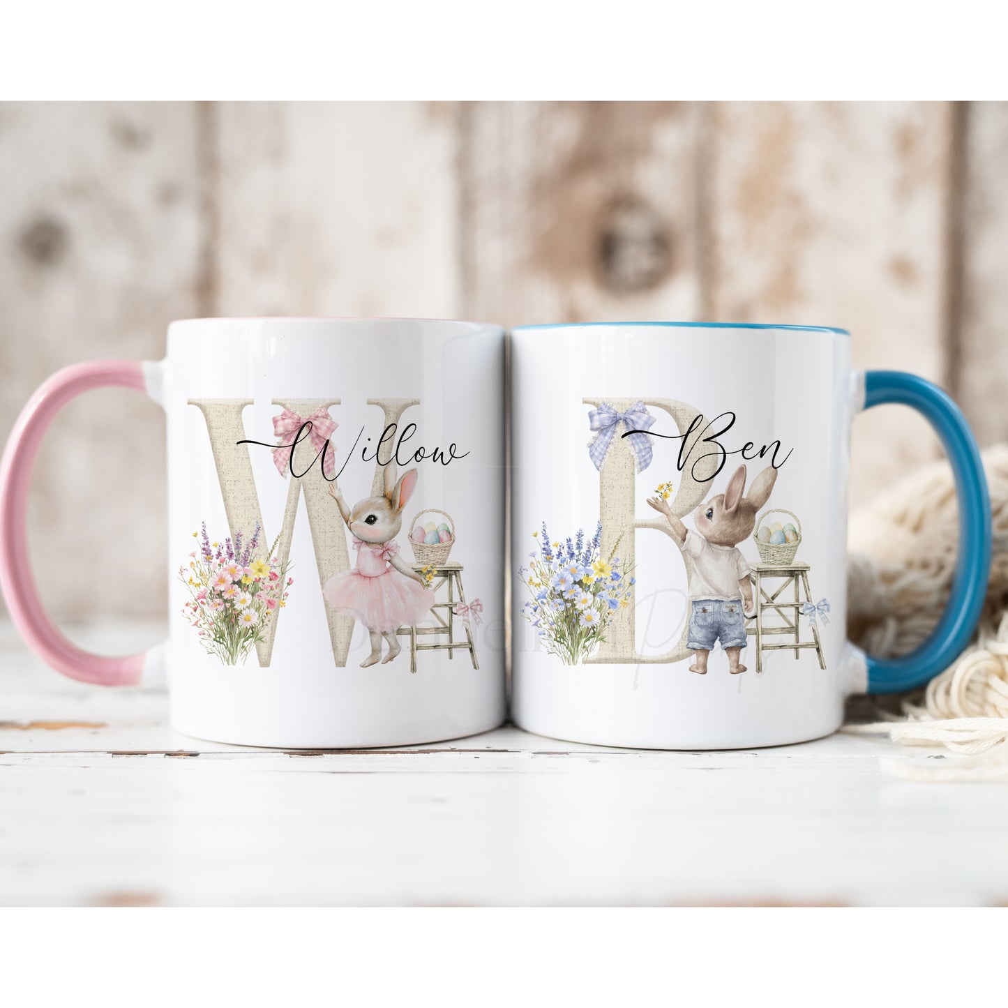 Personalised Easter Bunny Mugs & Flask - Cute Pink or Blue Bunny