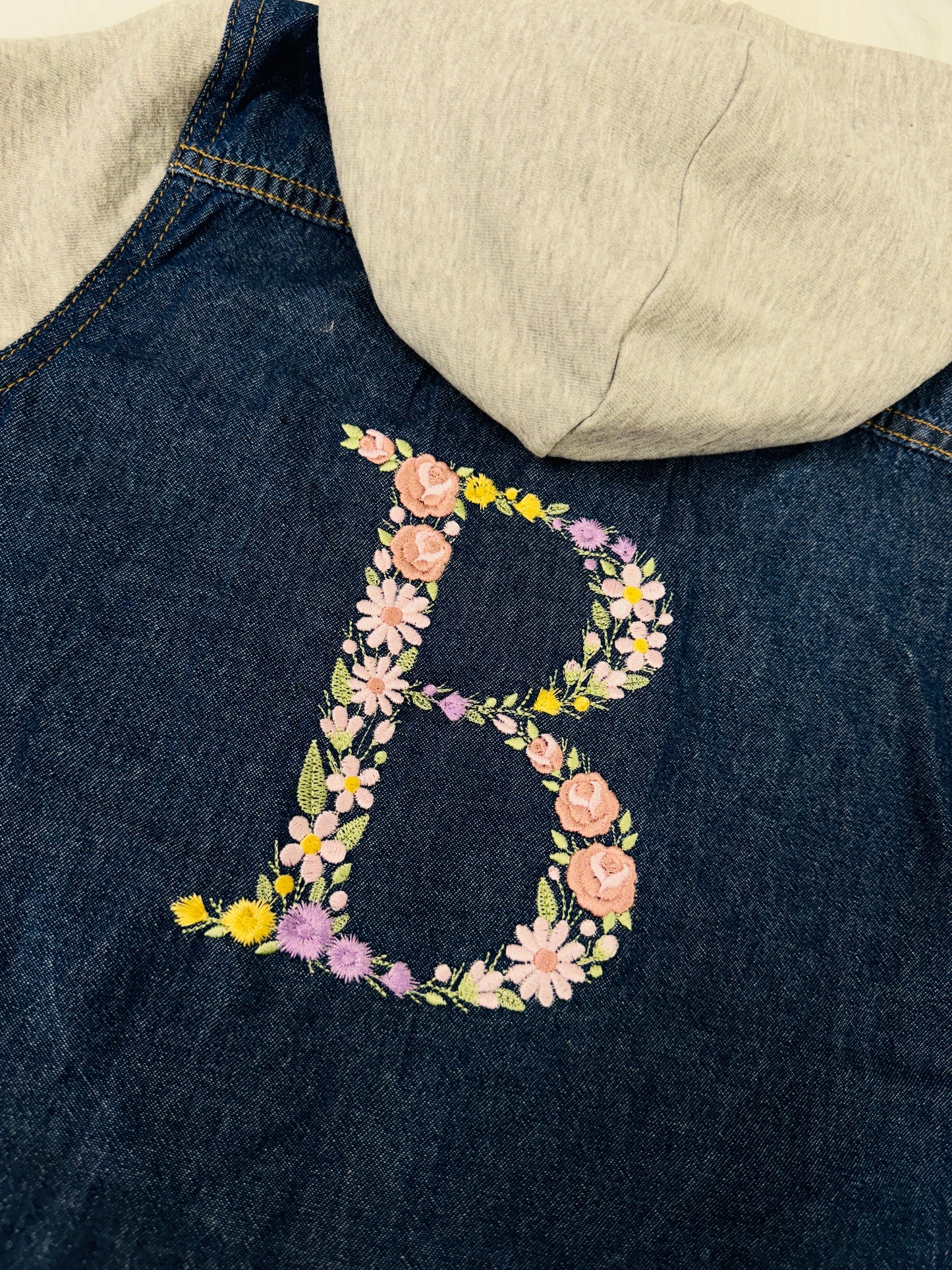 Trendy Girls Denim Jacket with Embroidered Floral Alphabet - Button Closure, Cotton Sleeves and Hood