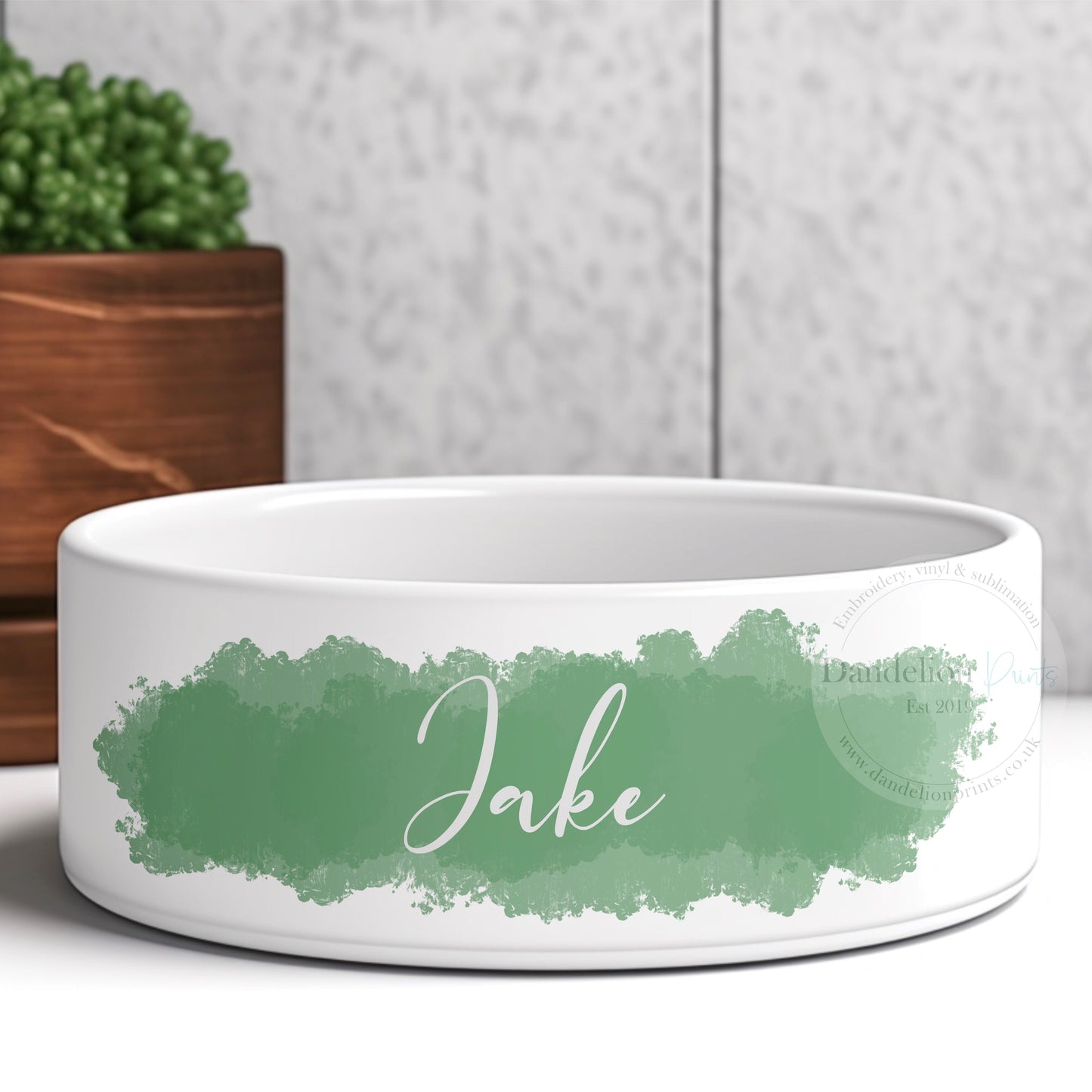 Personalised Ceramic Dog Food or Water Bowl with Watercolour Splash - Pink or Sage