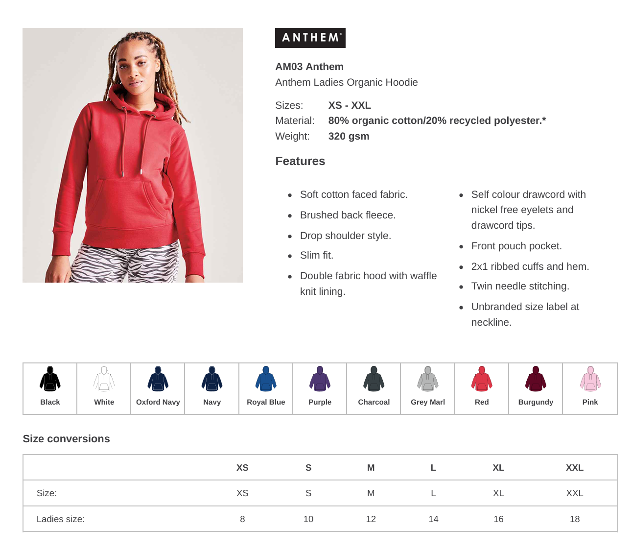 Ladies Anthem Organic Premium Business Branded Pull Over Hoodie