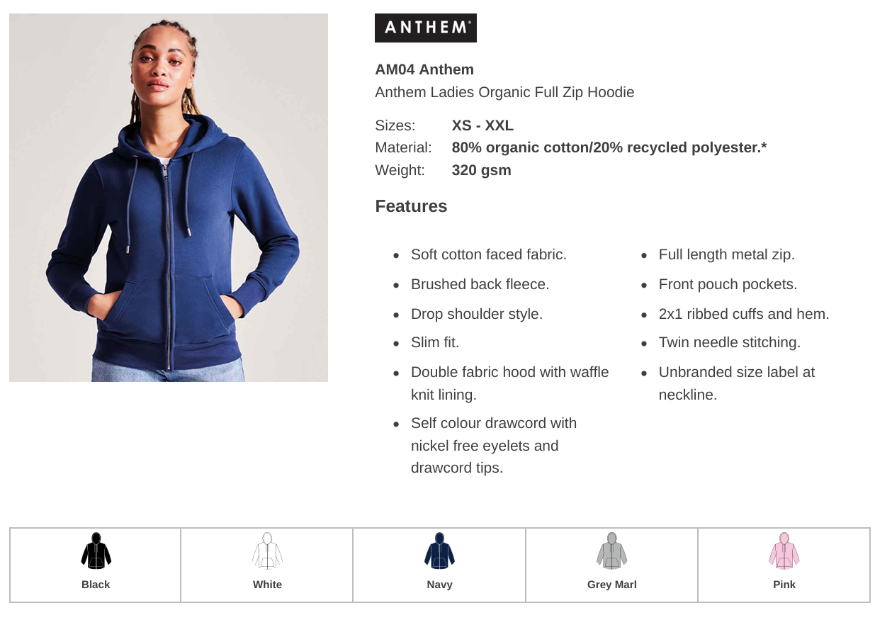 Ladies Anthem Organic Premium Business Branded Zip Hoodie