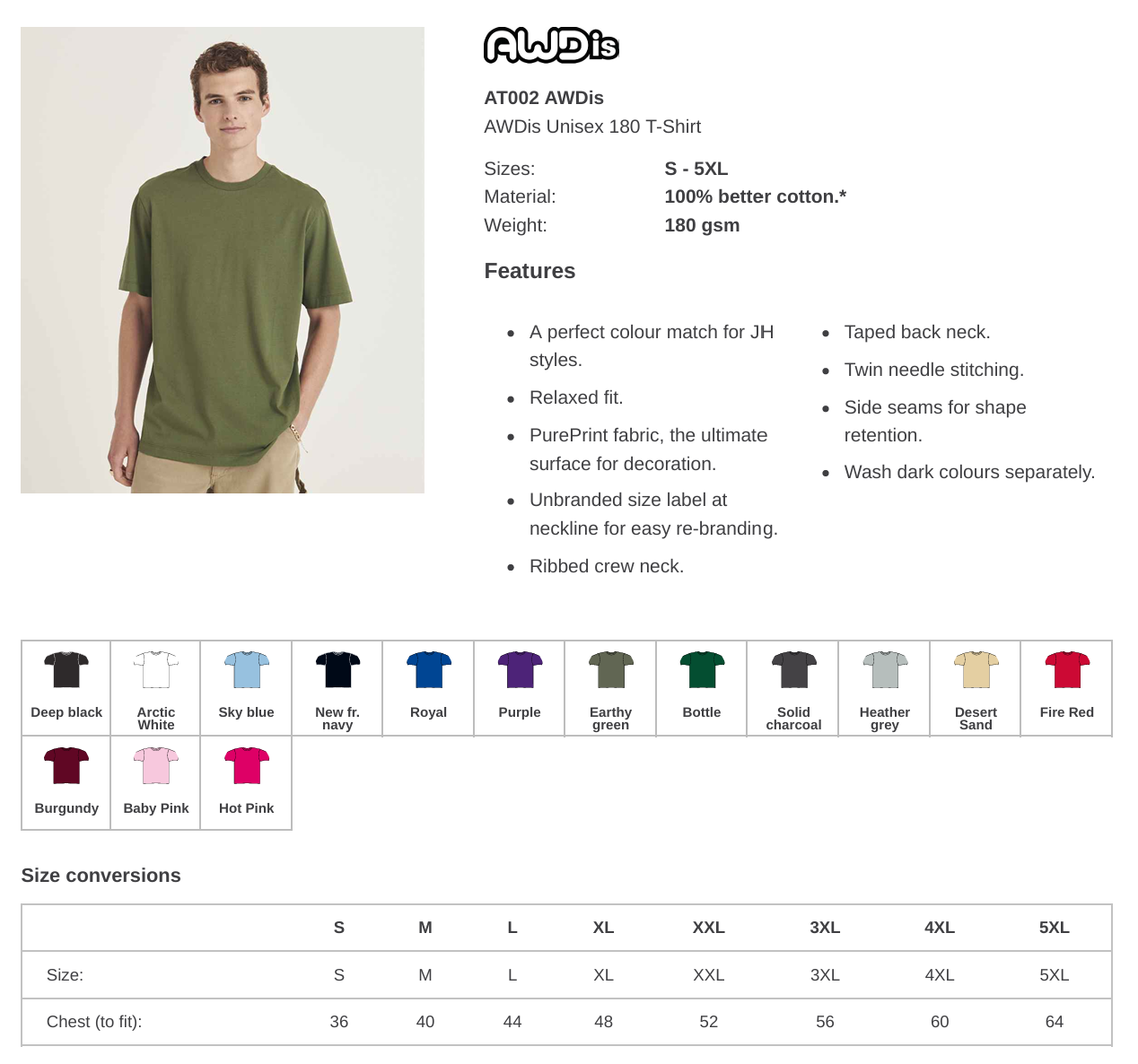 Unisex AWDis Custom Printed or Embroidered T-Shirt