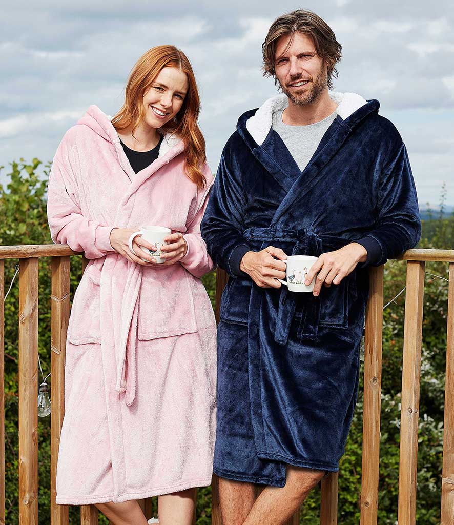 Cosy Sherpa-Lined Hooded Robe Various Colours with Custom Embroidery on the back. Mothers Day, Fathers Day gift idea.