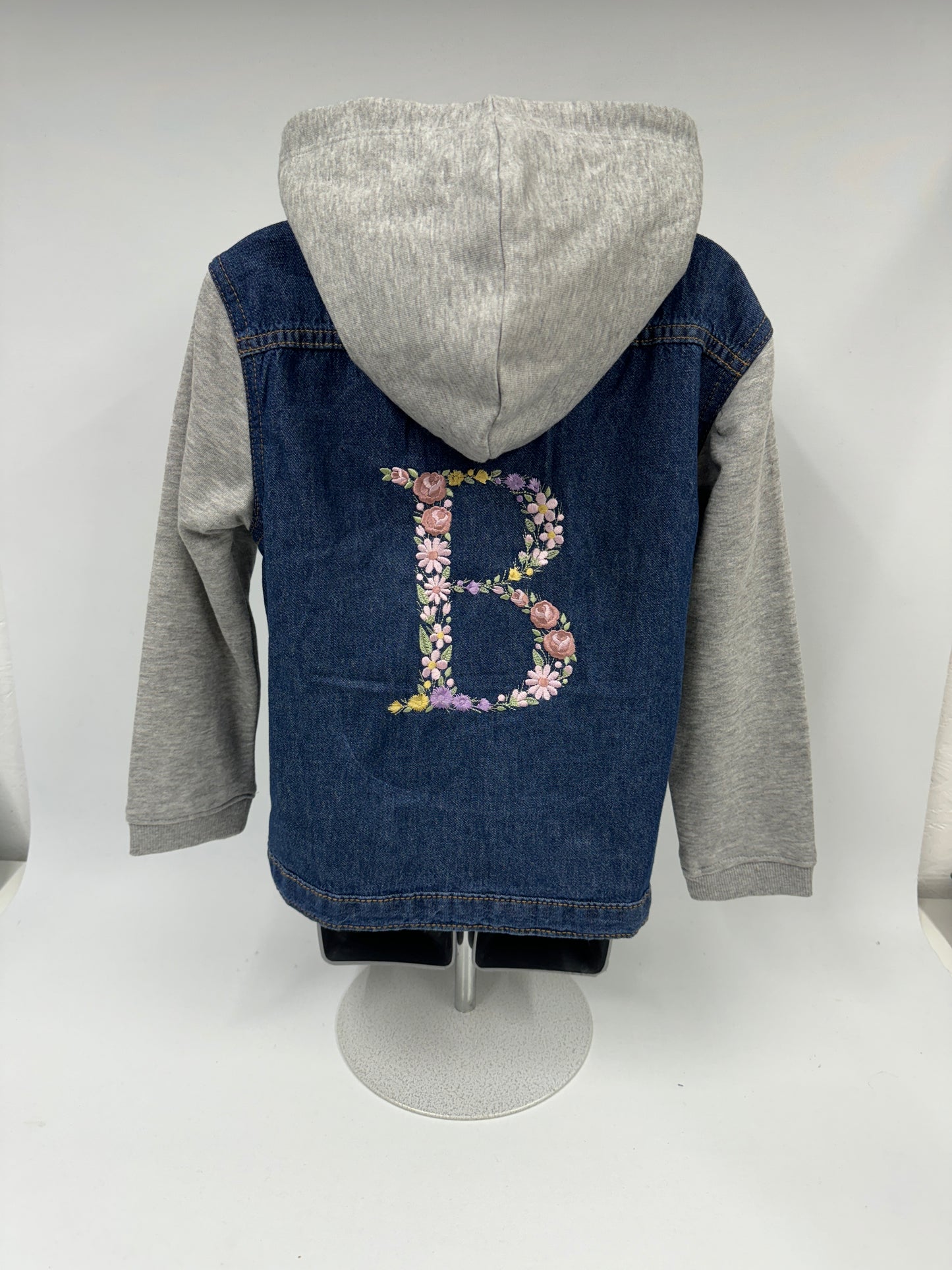 Trendy Girls Denim Jacket with Embroidered Floral Alphabet - Button Closure, Cotton Sleeves and Hood