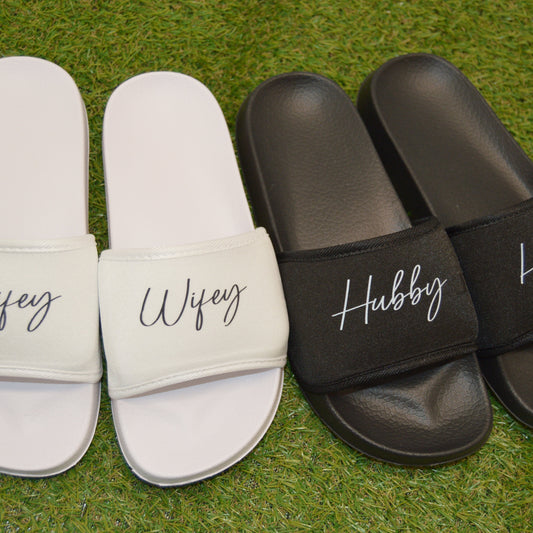 Hubby or WIFEY Honeymoon Sliders. Couples Wedding Gift