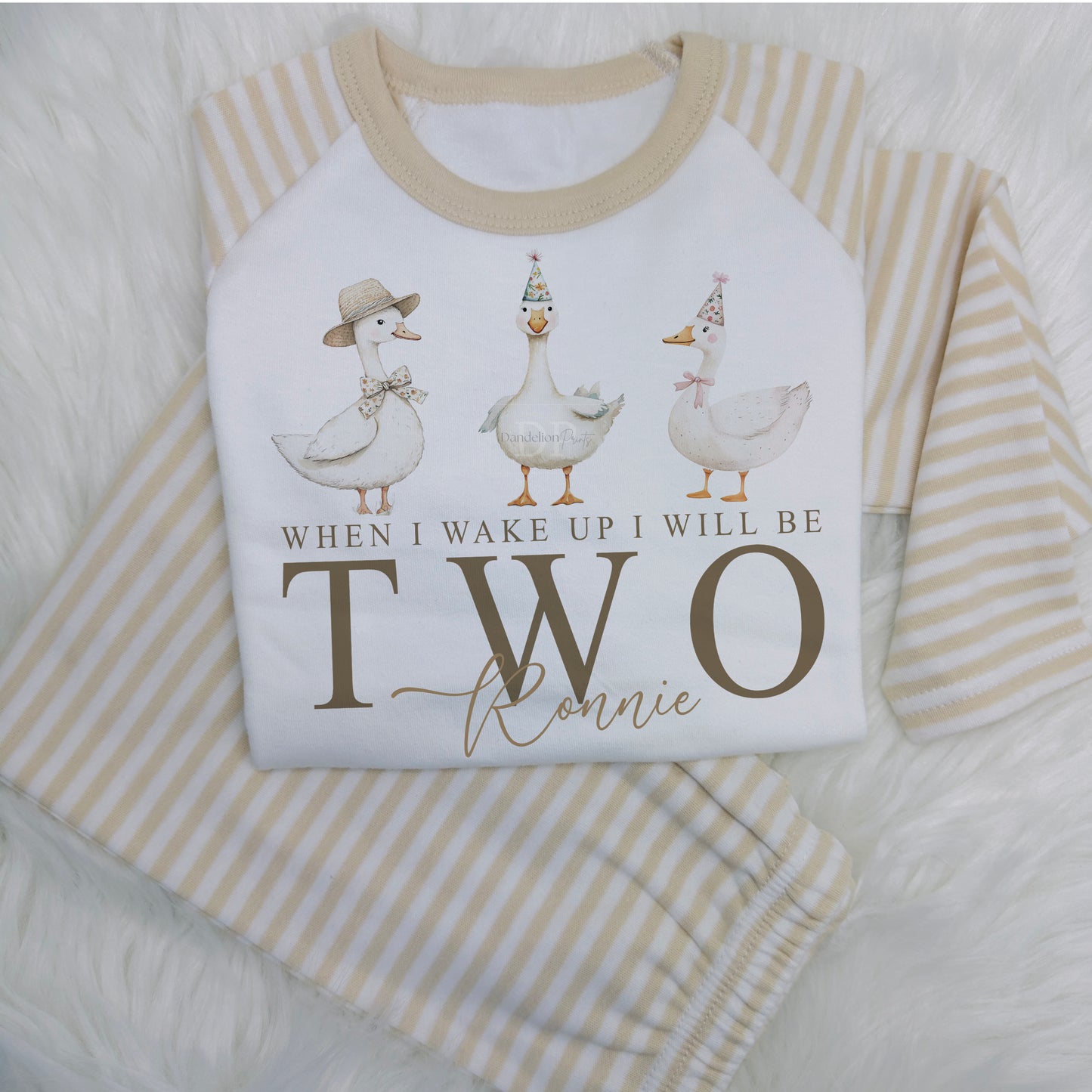 Make your child's birthday extra special with these adorable cotton kids PJs!
Featuring beige sleeves and legs, and a cute print on the chest saying 'When I wake up I will be' with 3 geese.
Personalise it with your child's name for a unique touch. Perfect for sweet dreams and cosy mornings!
The number is changed to your requirements - simply enter your child's age and name in the personalisation box.
These are super soft, long sleeve top and bottom and 100% cotton.
Please take a look at the size guide i
