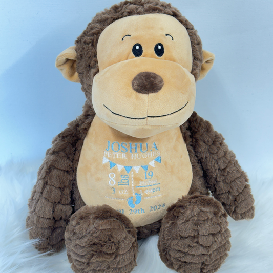 Adorable New Baby Birth Stat Teddy - Unique Embroidered Keepsake Giraffe, Monkey or Dinosaur