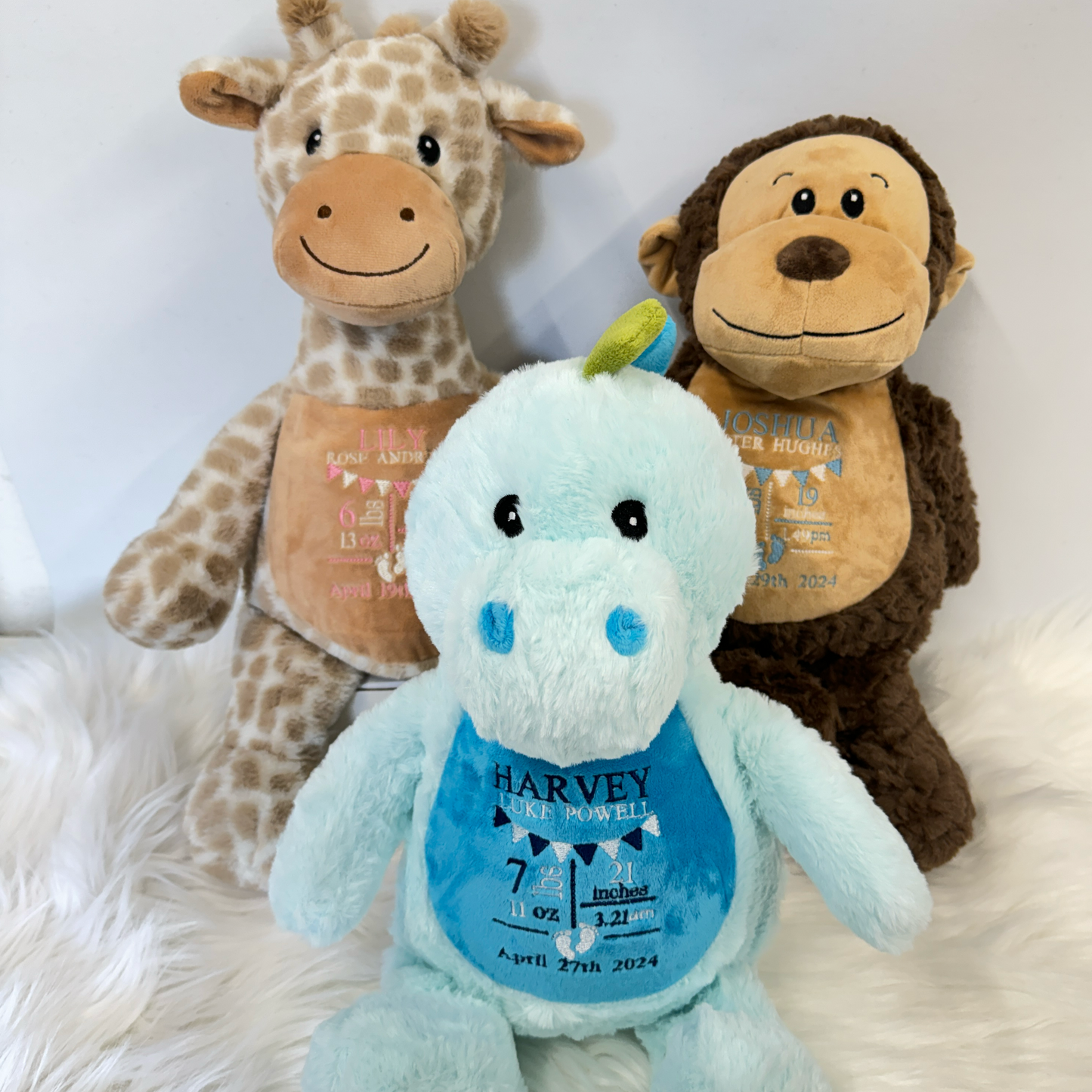 Adorable New Baby Birth Stat Teddy - Unique Embroidered Keepsake Giraffe, Monkey or Dinosaur