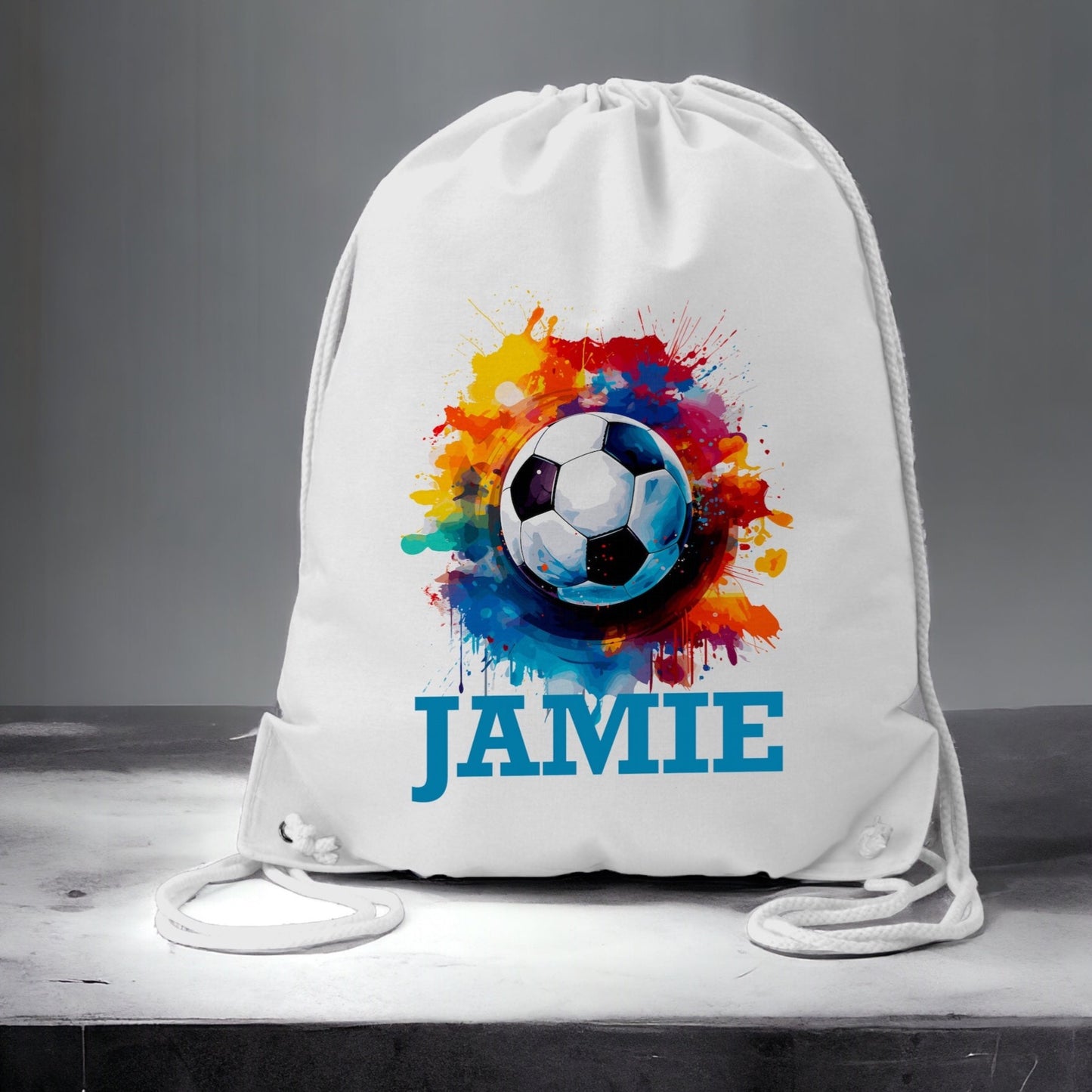 Stylish Drawstring Gymsack: Unique Watercolour Football PE or Sports, Personalised.