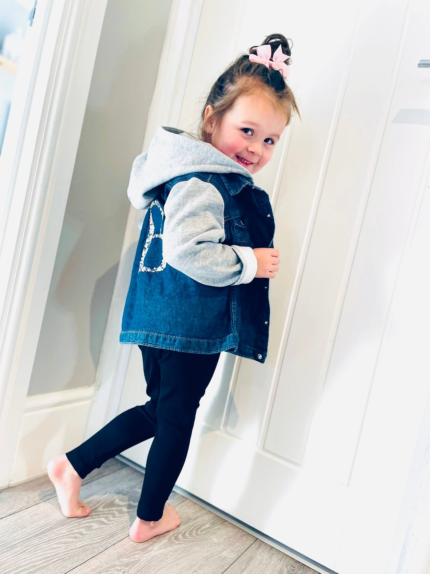 Trendy Girls Denim Jacket with Embroidered Floral Alphabet - Button Closure, Cotton Sleeves and Hood