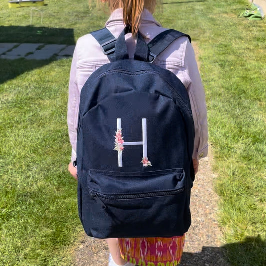 Minimalist Embroidered Children's Floral Initial Backpack - Personalised School Bag