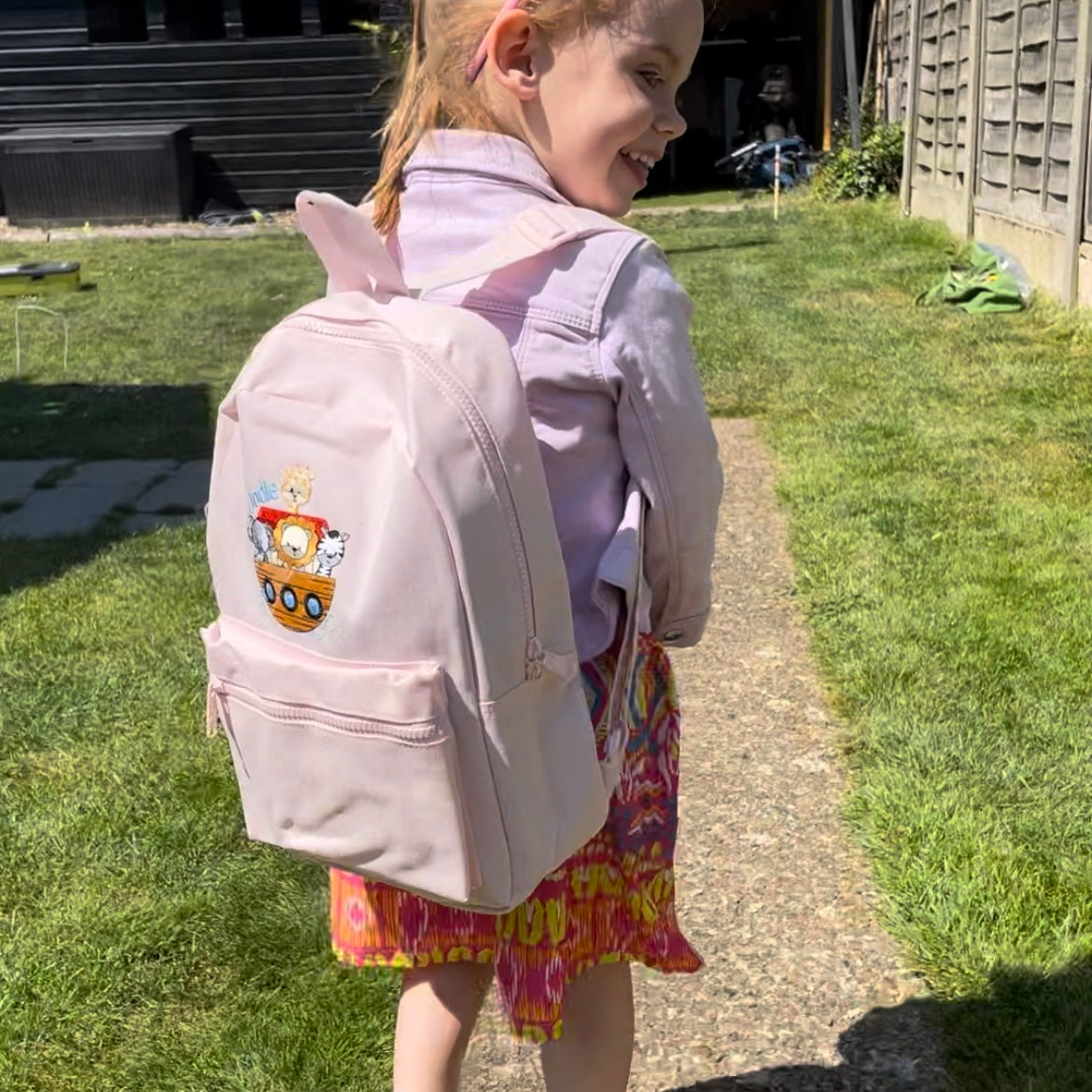 Animal Arc Embroidered, Personalised Backpack with- Zebra, Lion, Elephant, Giraffe Suitable for School or Nursery