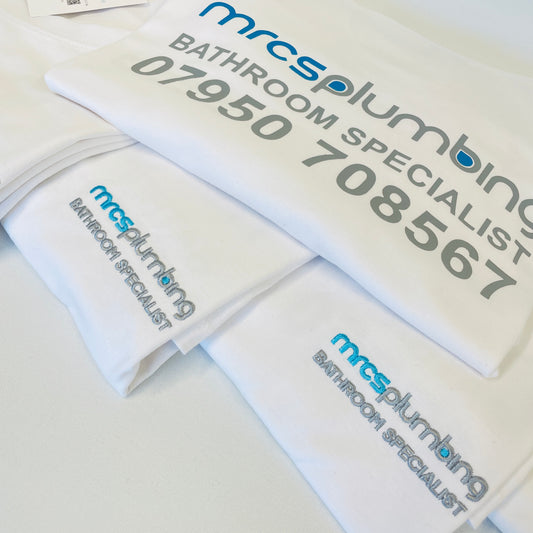 This is a bundle of white 100% cotton crew neck tshirt for men and women. The tshirt has an embroidered logo on the front left breast with a bigger logo and contact details printed on the back in vinyl.