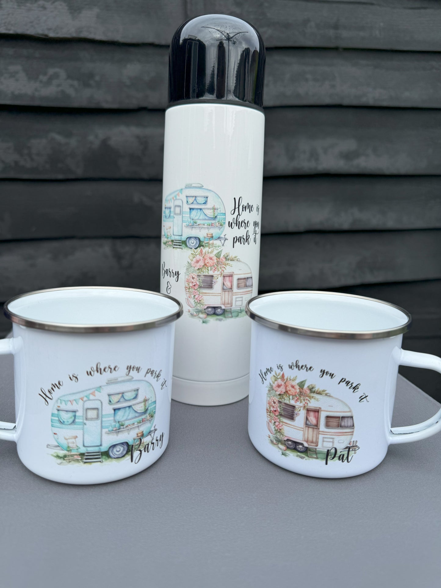 Personalised Camping Mug & Thermos Flask Set – Home Is Where You Park It
