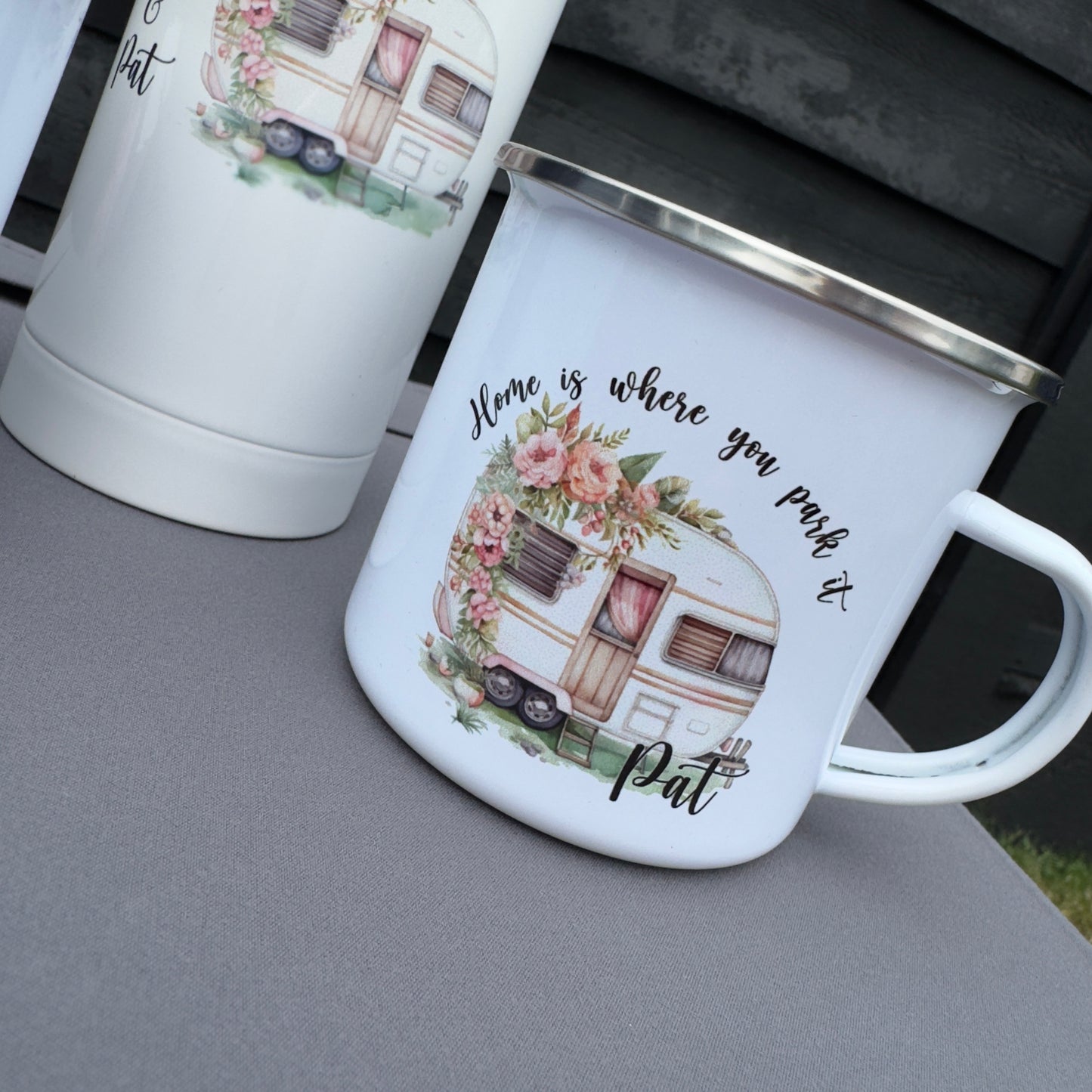 Personalised Camping Mug & Thermos Flask Set – Home Is Where You Park It
