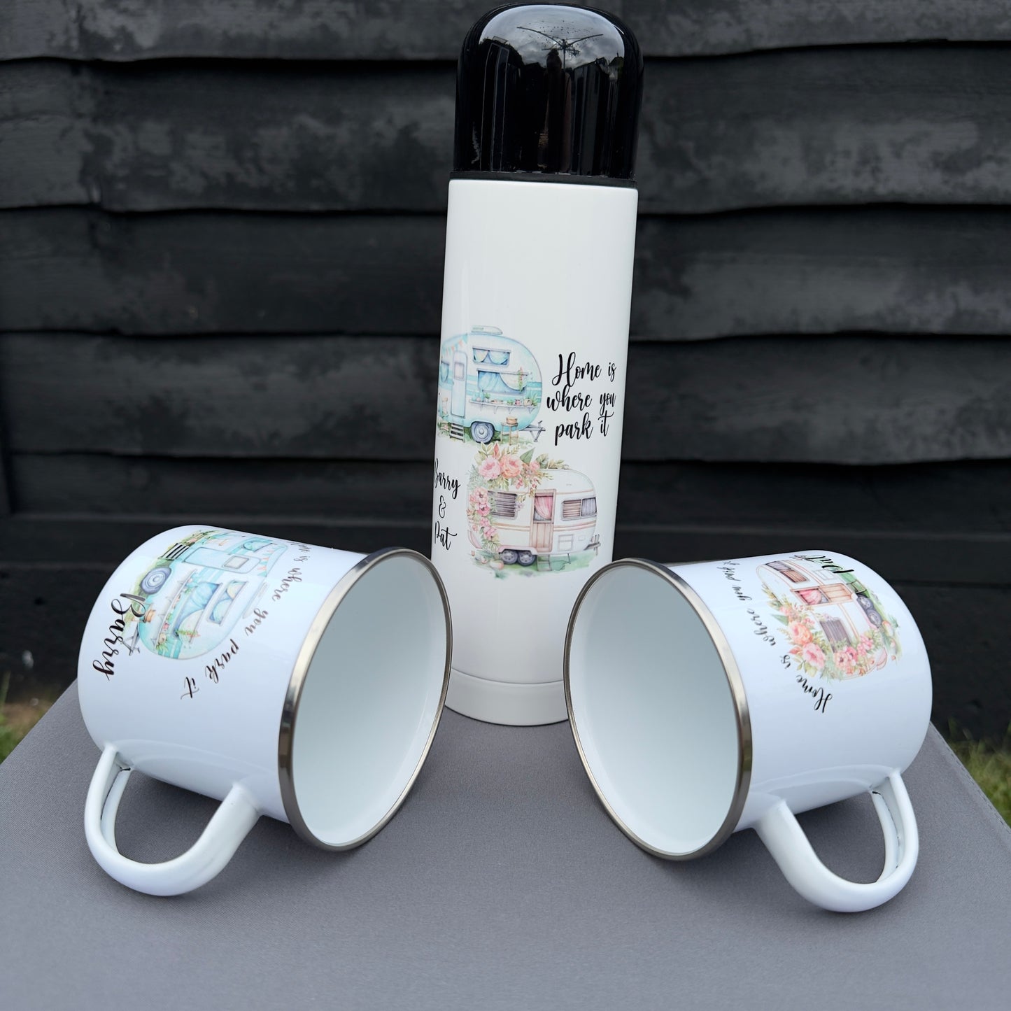 Personalised Camping Mug & Thermos Flask Set – Home Is Where You Park It