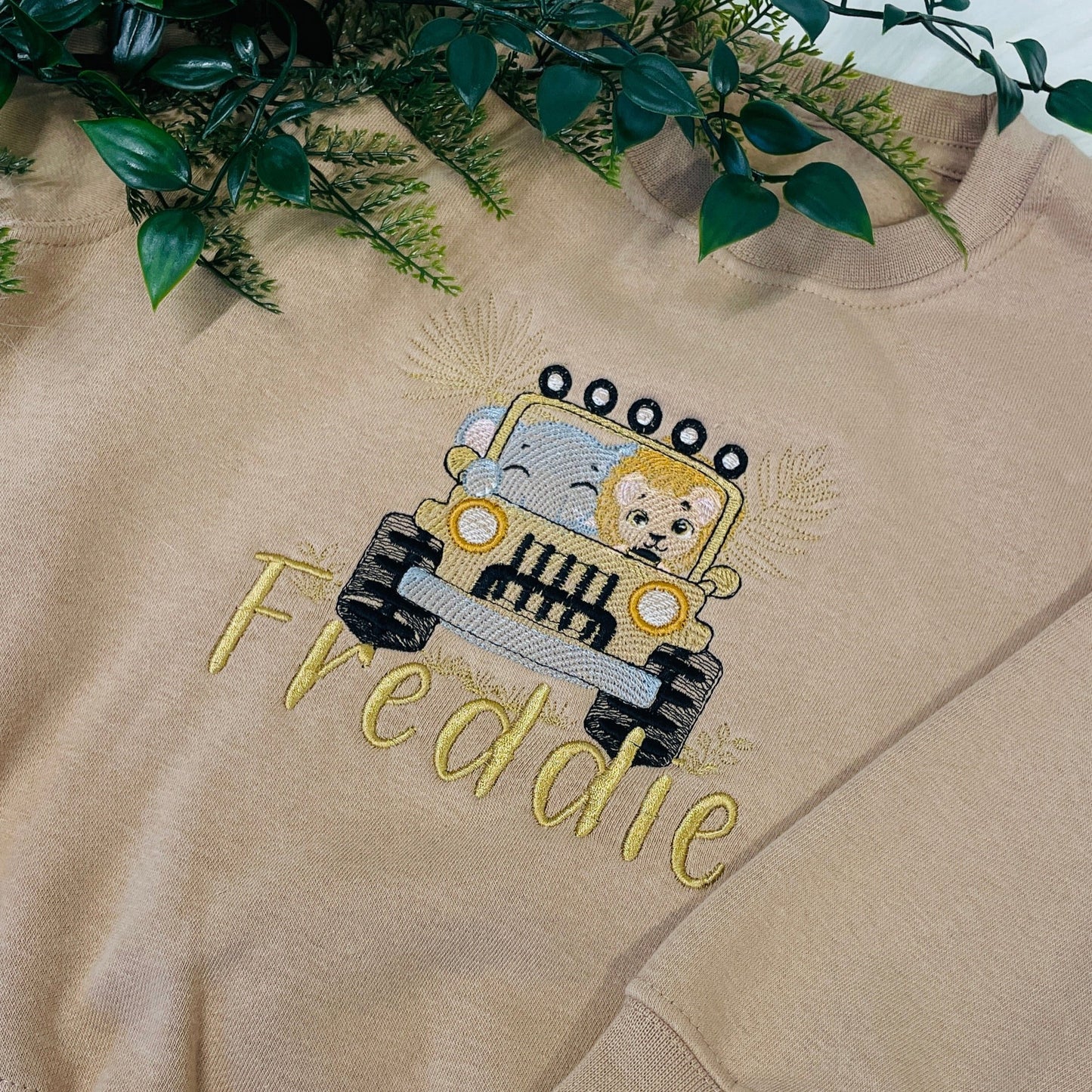 Soft Cotton Kids Sweater Personalised With A Safari Jeep - Elephant and Lion