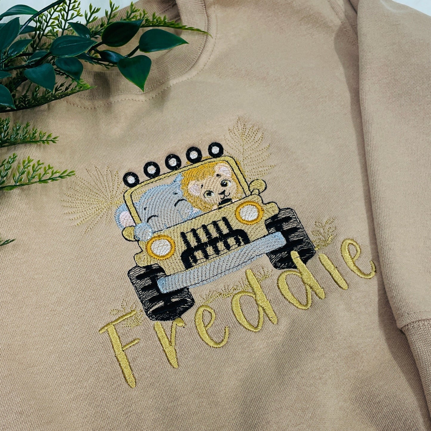 Soft Cotton Kids Sweater Personalised With A Safari Jeep - Elephant and Lion