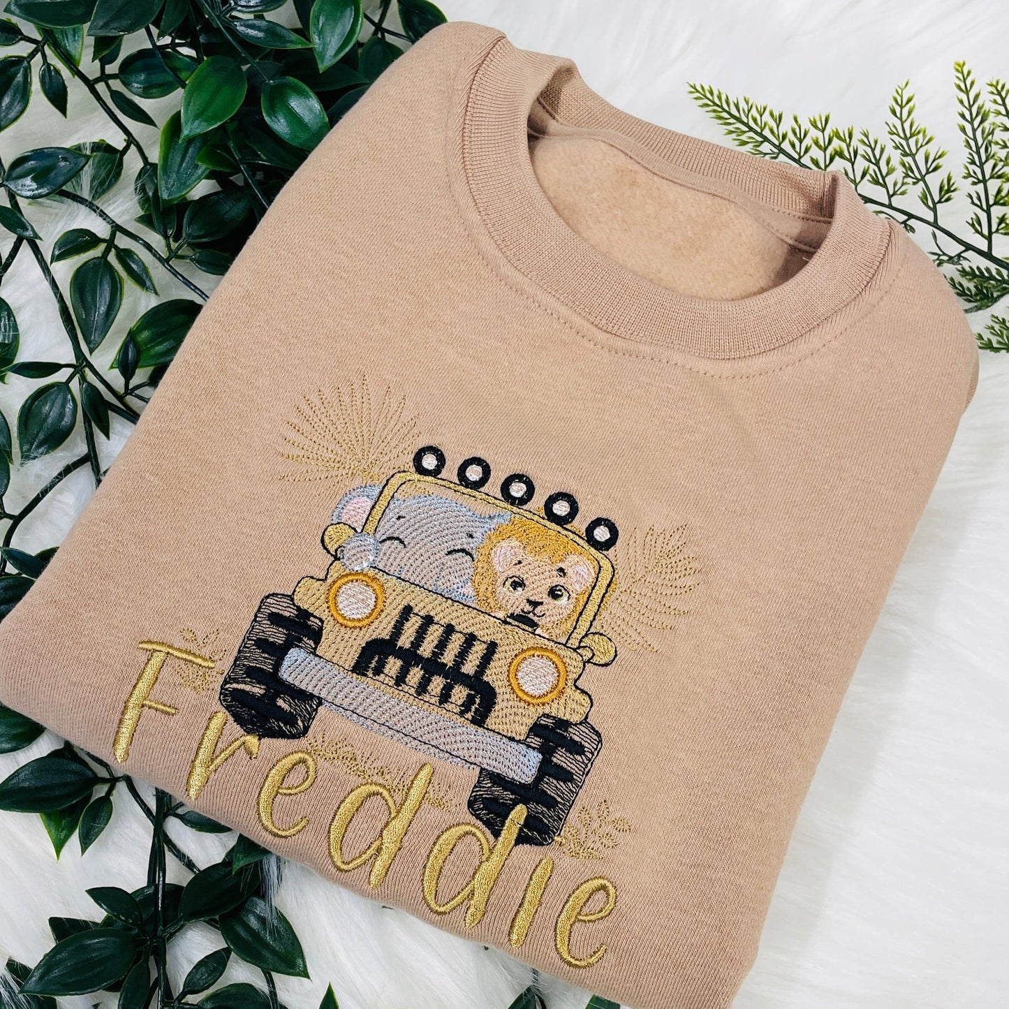 Soft Cotton Kids Sweater Personalised With A Safari Jeep - Elephant and Lion