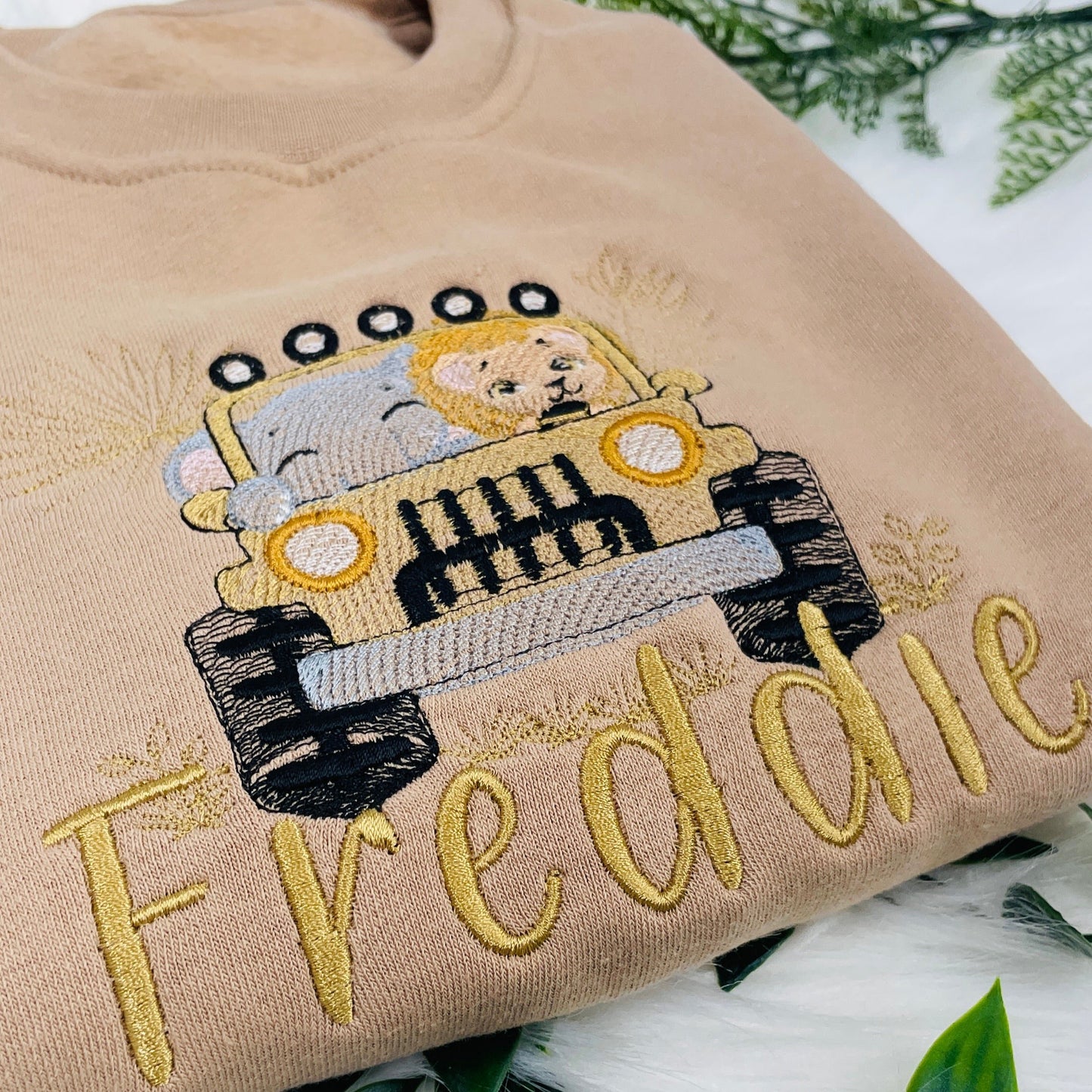 Soft Cotton Kids Sweater Personalised With A Safari Jeep - Elephant and Lion
