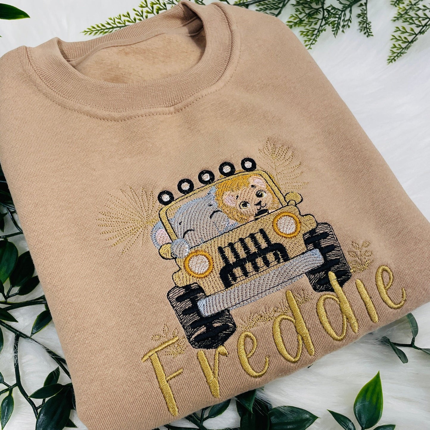 Soft Cotton Kids Sweater Personalised With A Safari Jeep - Elephant and Lion