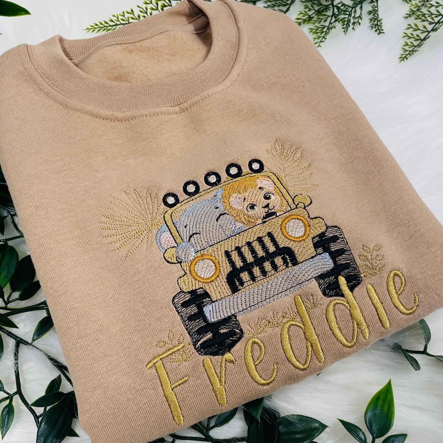 Soft Cotton Kids Sweater Personalised With A Safari Jeep - Elephant and Lion