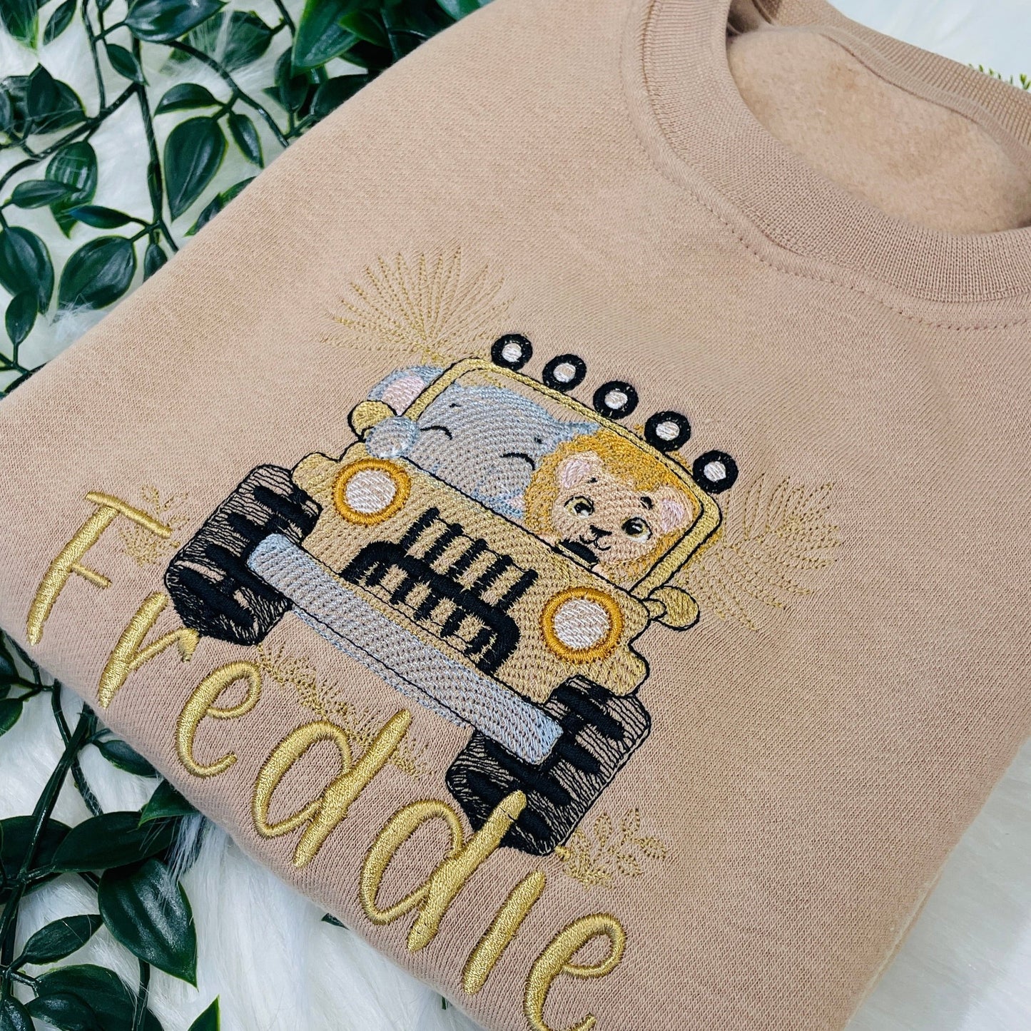 Soft Cotton Kids Sweater Personalised With A Safari Jeep - Elephant and Lion