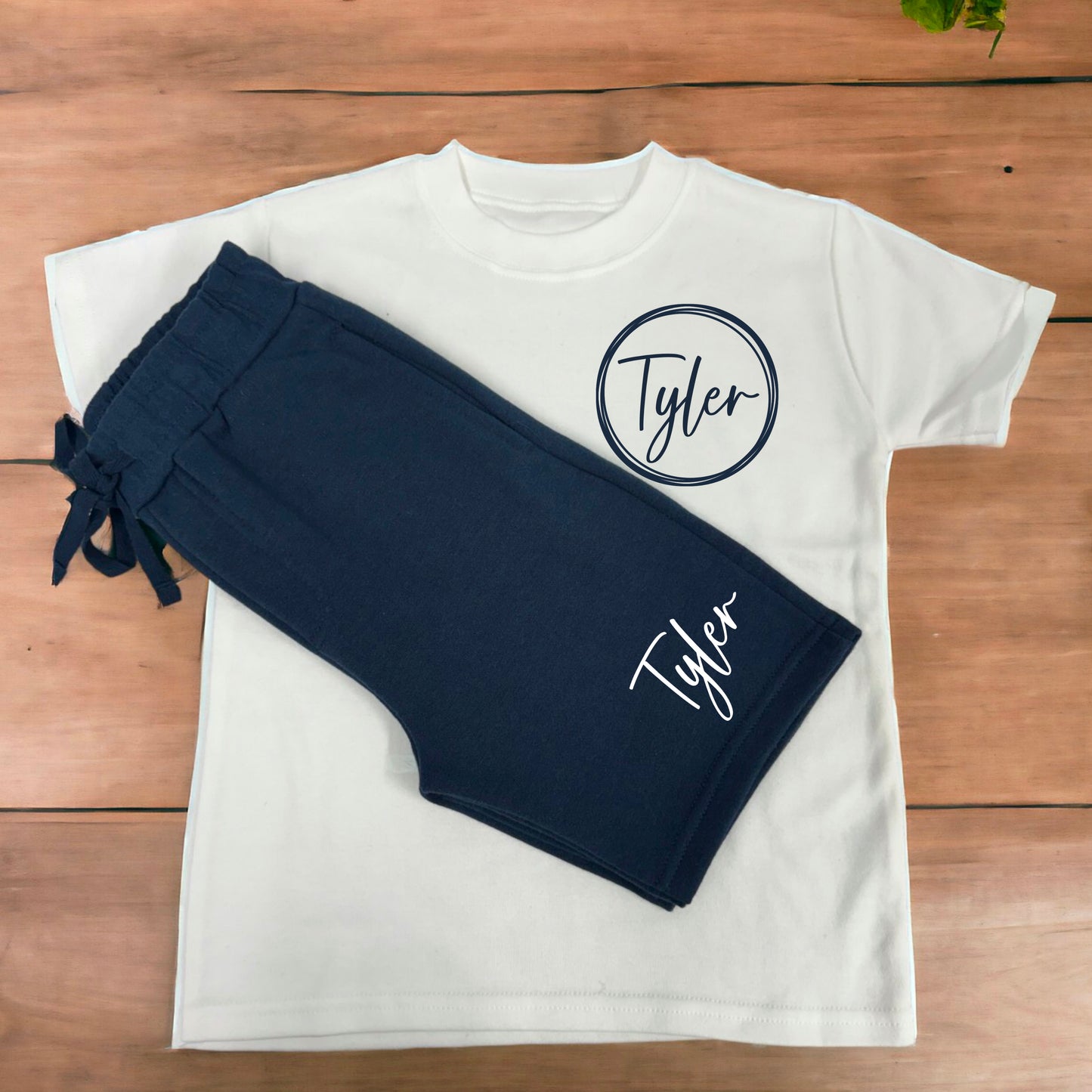 Unique Children's Matching Top and Fleece Shorts Set - Personalised Name Print within Layered Circle - Available in Black, Navy or Khaki!