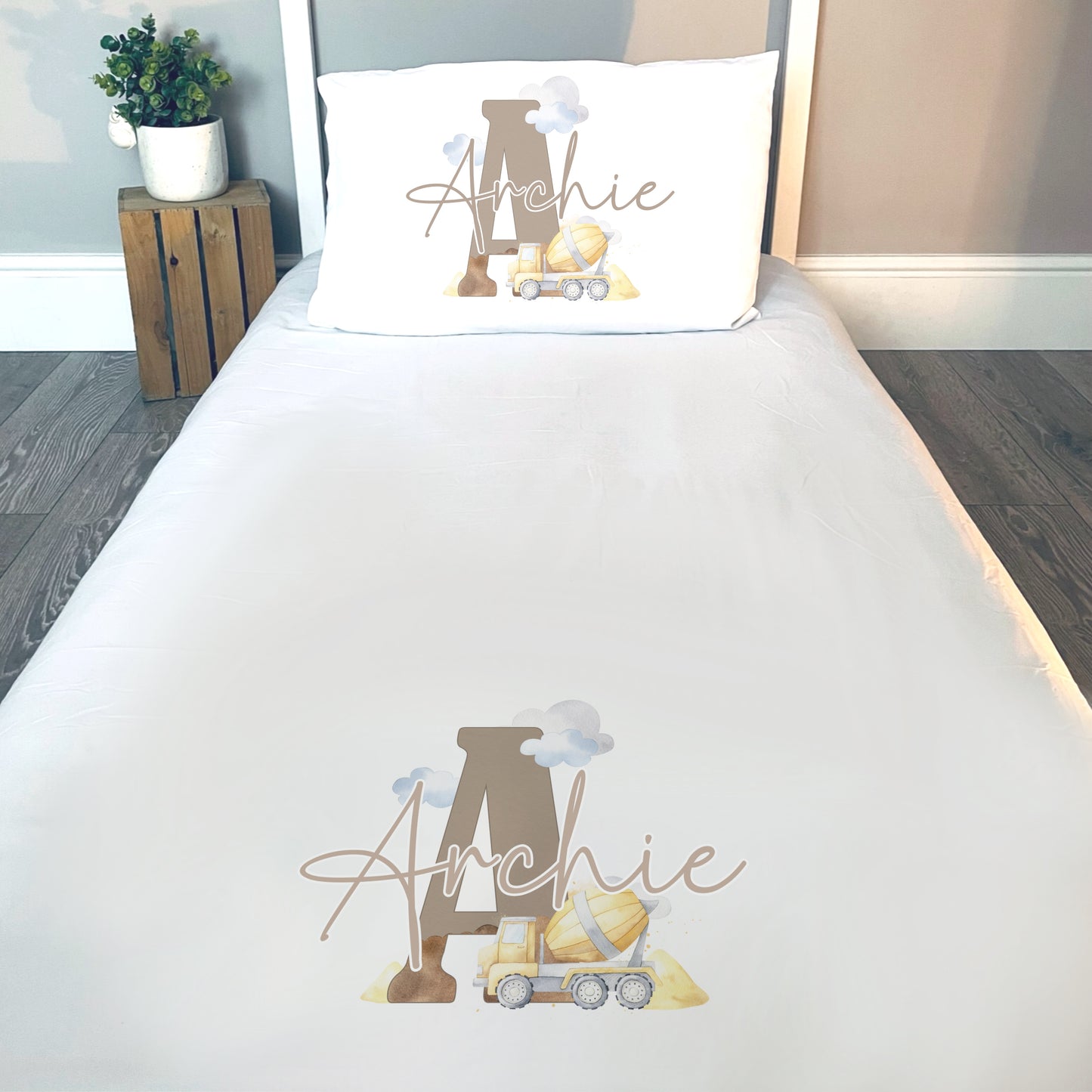 Construction Vehicle Printed Duvet Cover - Personalise Your Sleep Space with this Single White Cover!