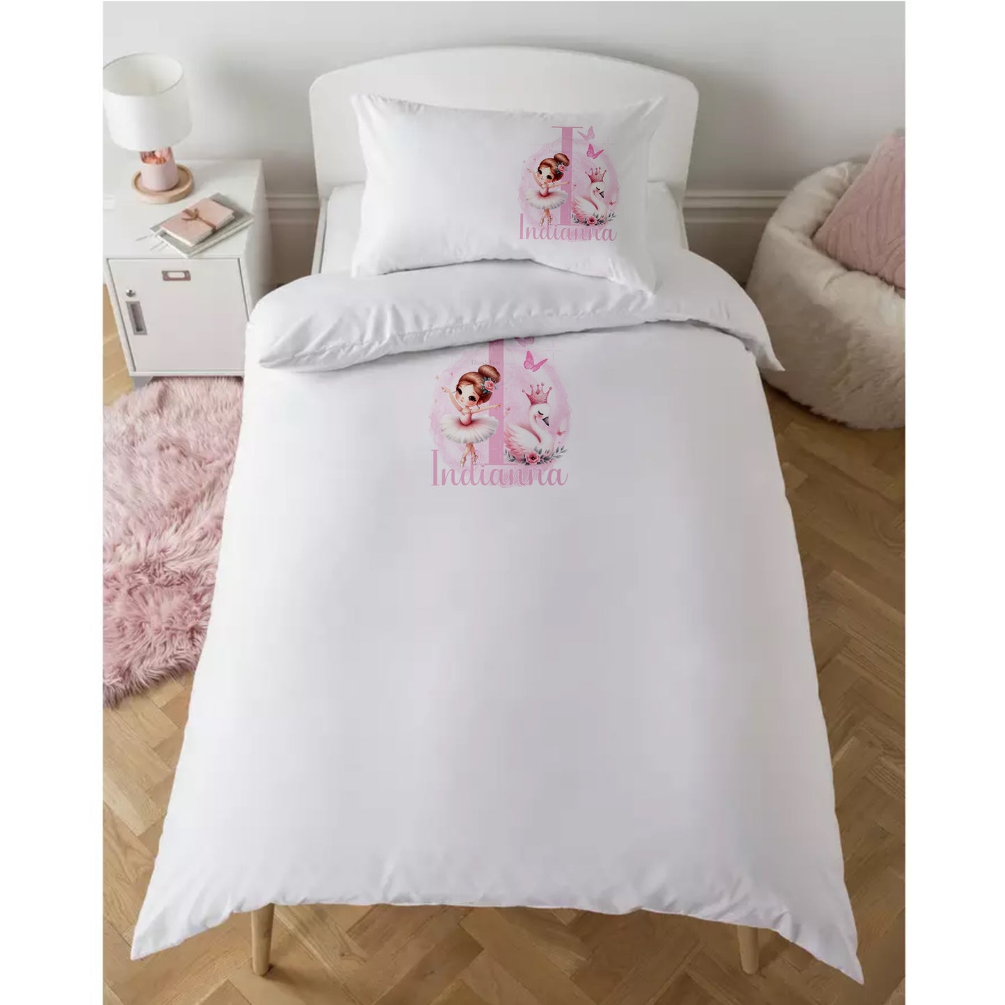 Adorable Pink Ballerina and Swan Design - Personalised Single White Duvet Cover