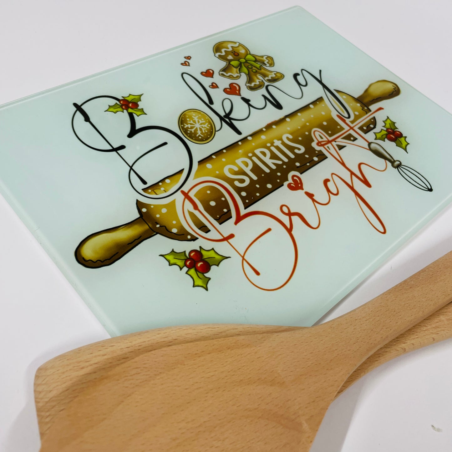 BAKING SPIRITS BRIGHT - Glass Chopping Board - Christmas Worktop Saver