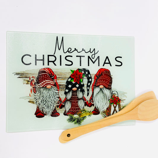 Merry Christmas Gnomes Glass Chopping Board - Worktop Saver