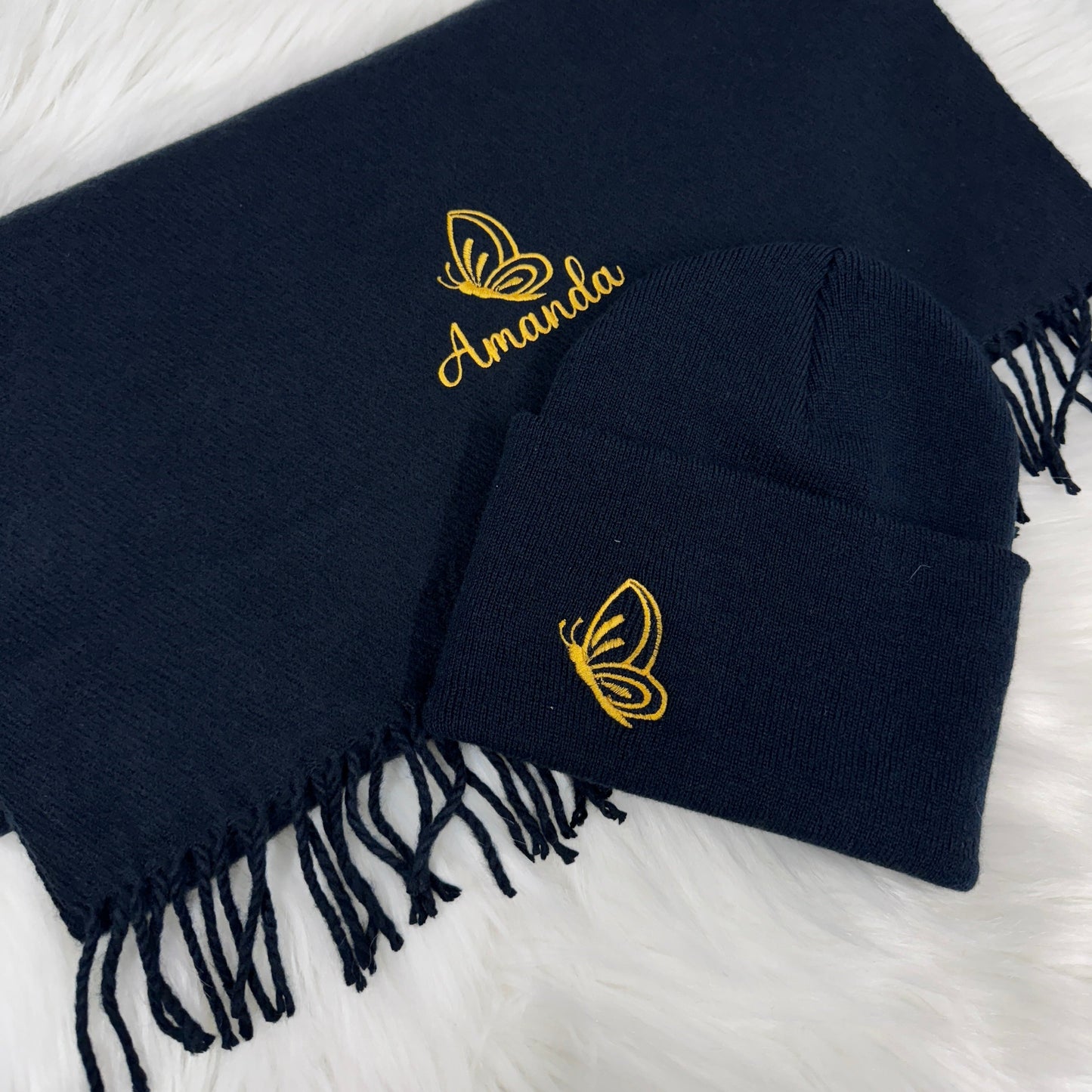 Butterfly Embroidered Scarf & Hat Set - Personalised Winter Accessories