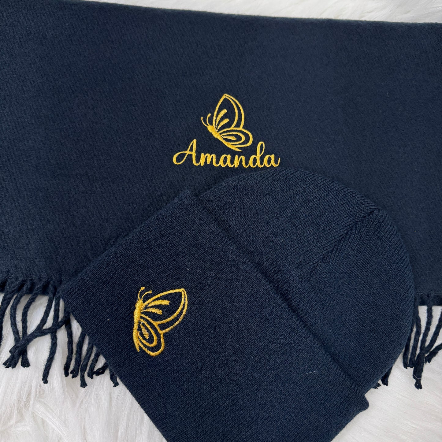 Butterfly Embroidered Scarf & Hat Set - Personalised Winter Accessories