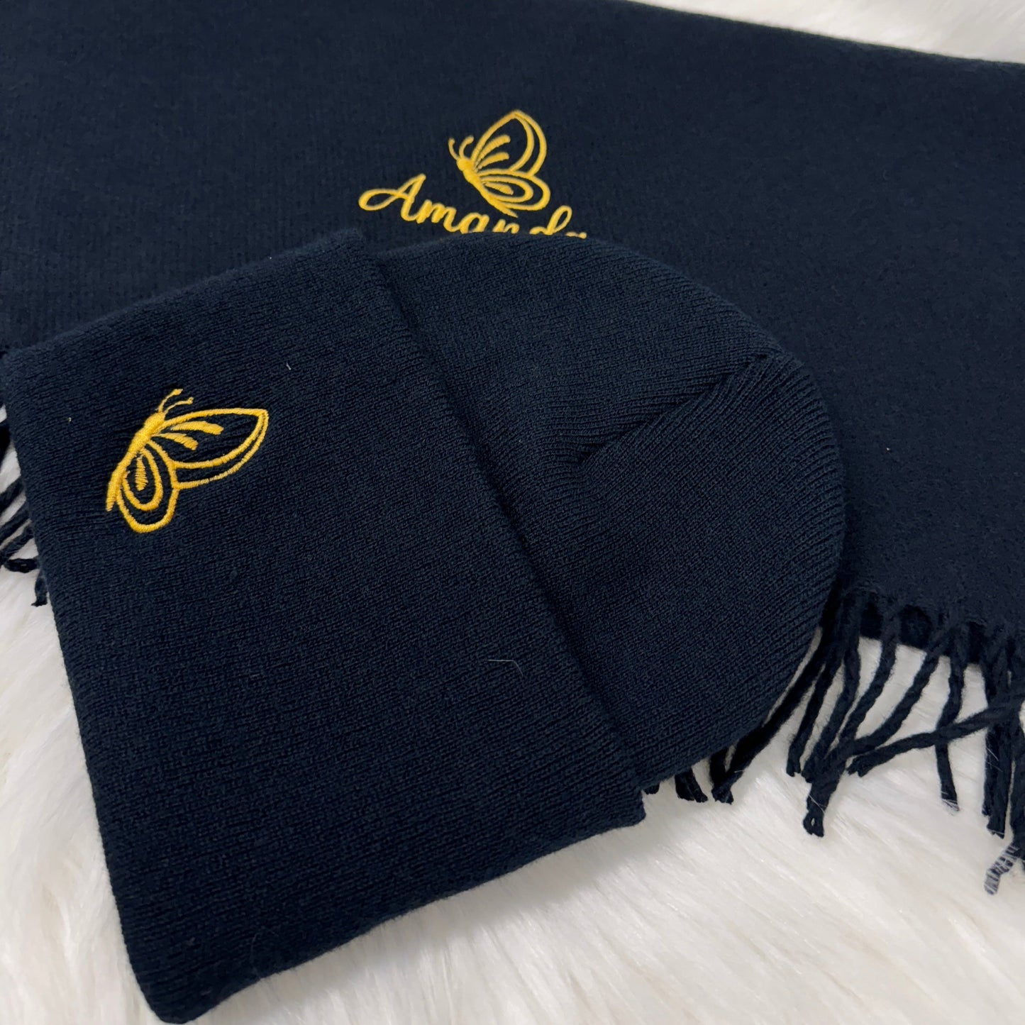 Butterfly Embroidered Scarf & Hat Set - Personalised Winter Accessories
