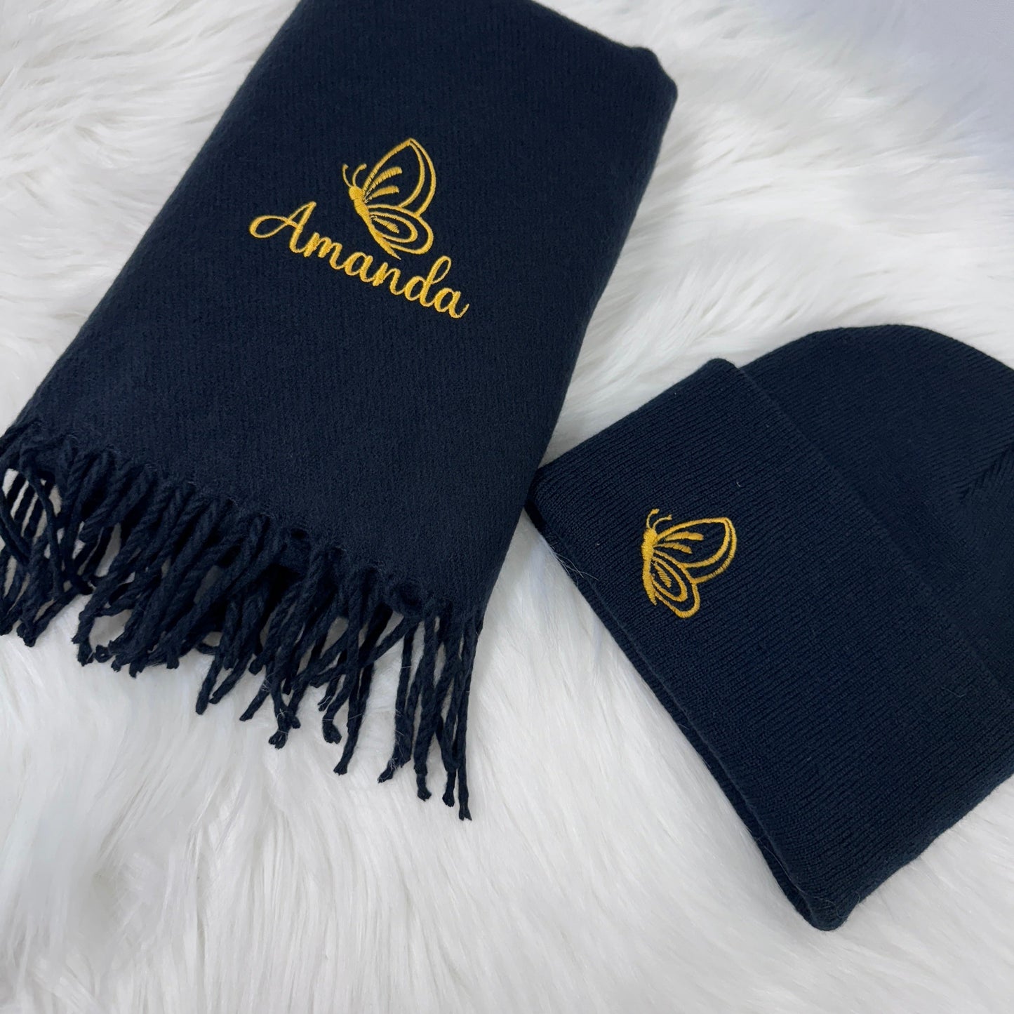 Butterfly Embroidered Scarf & Hat Set - Personalised Winter Accessories