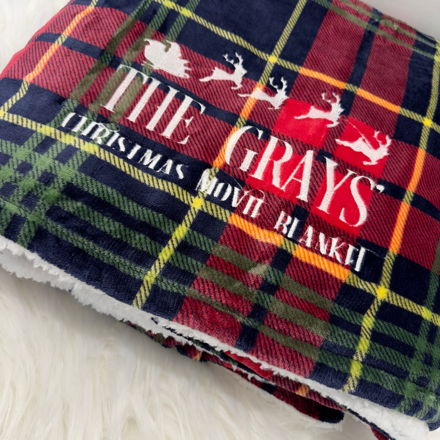 Christmas Movie Tartan Sherpa Blanket Personalised with Embroidery