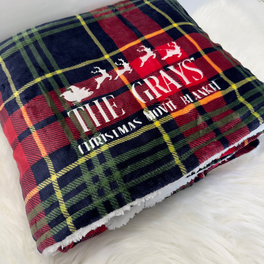 Christmas Movie Tartan Sherpa Blanket Personalised with Embroidery