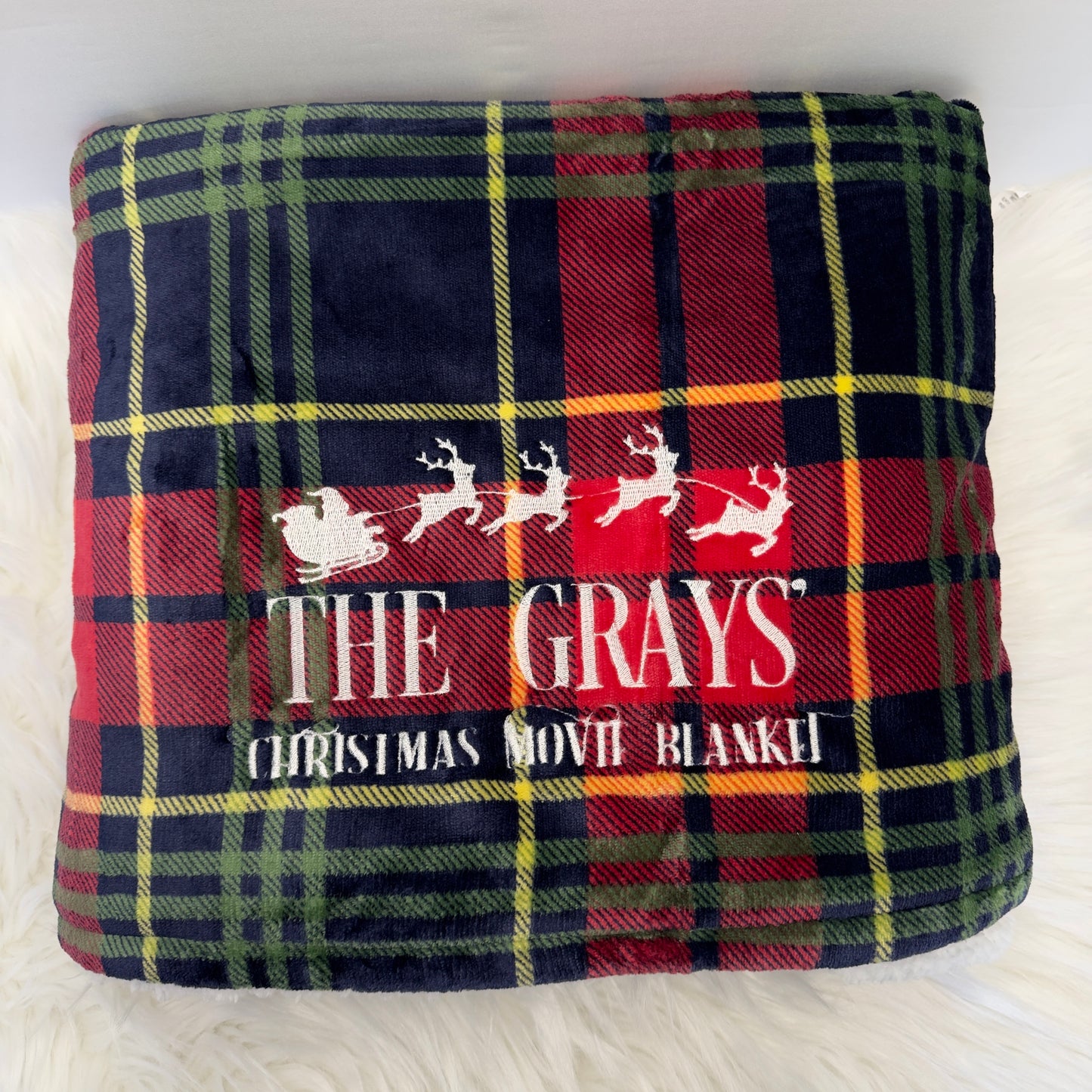 Christmas Movie Tartan Sherpa Blanket Personalised with Embroidery