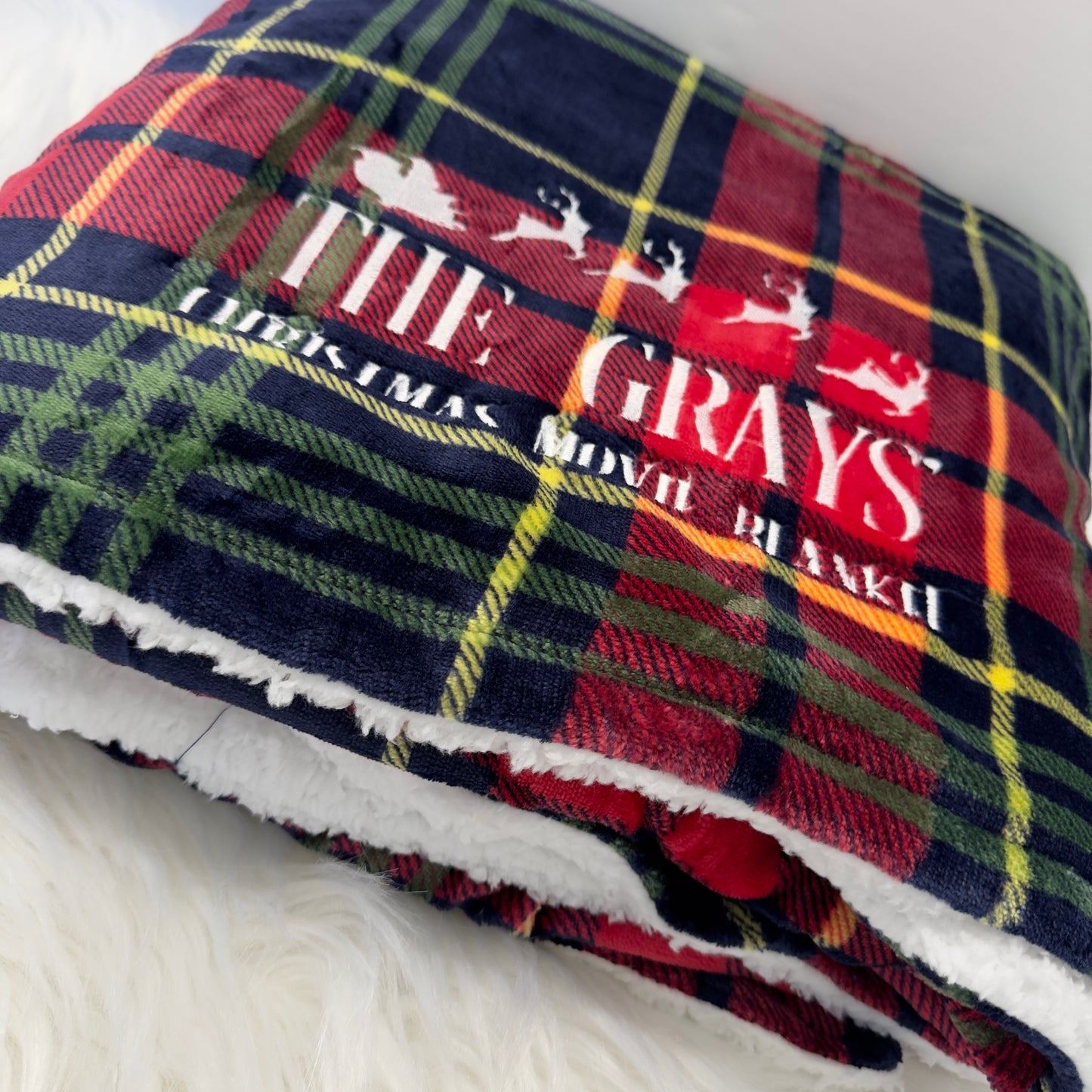 Christmas Movie Tartan Sherpa Blanket Personalised with Embroidery