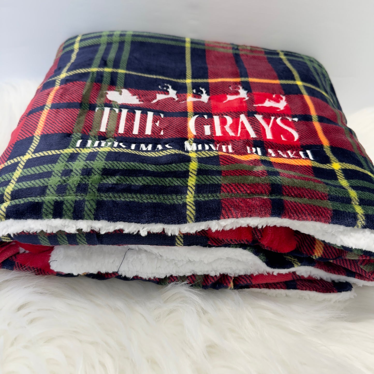 Christmas Movie Tartan Sherpa Blanket Personalised with Embroidery