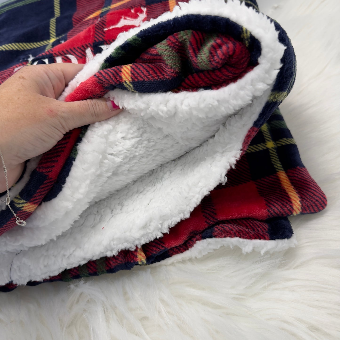 Christmas Movie Tartan Sherpa Blanket Personalised with Embroidery