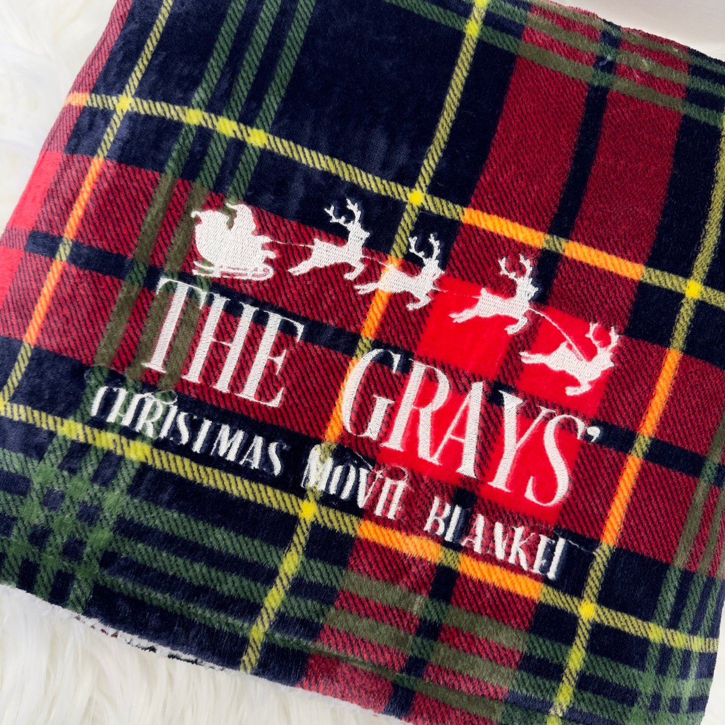Christmas Movie Tartan Sherpa Blanket Personalised with Embroidery
