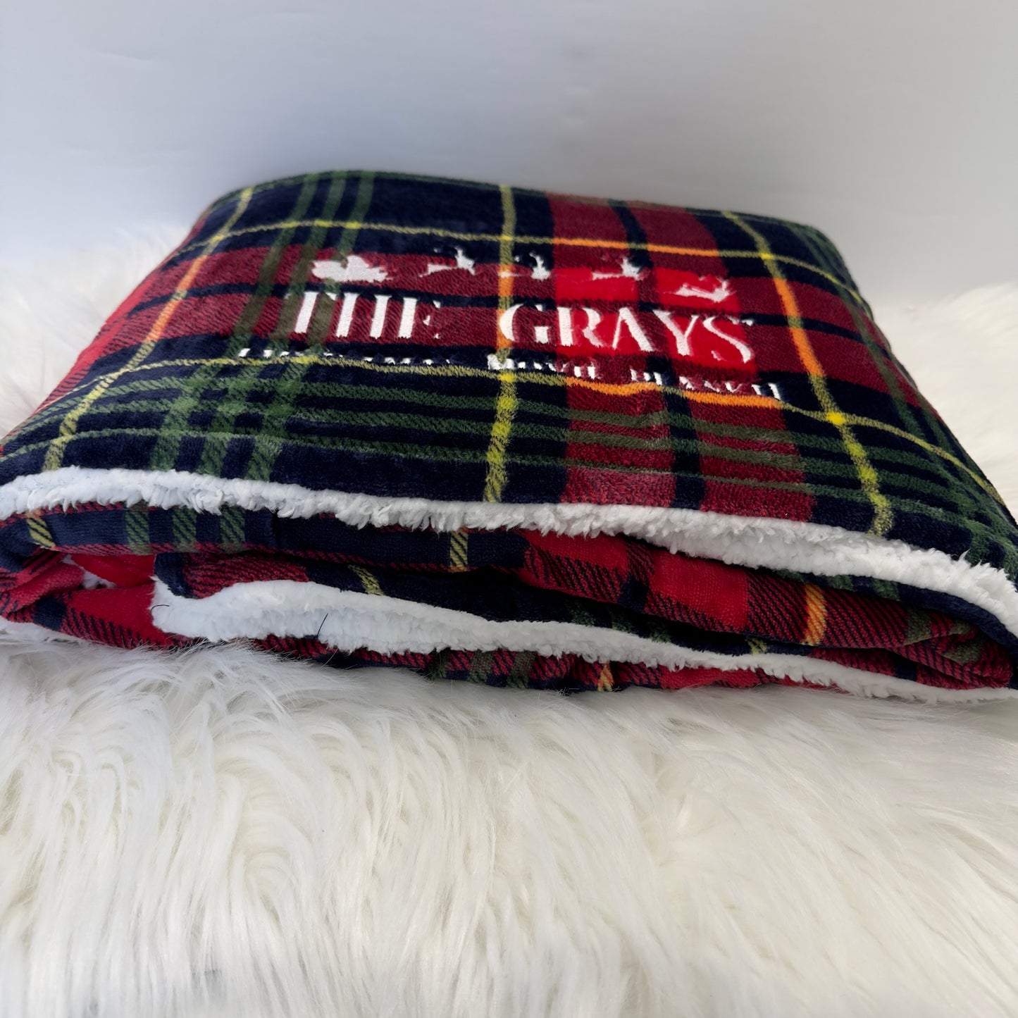Christmas Movie Tartan Sherpa Blanket Personalised with Embroidery