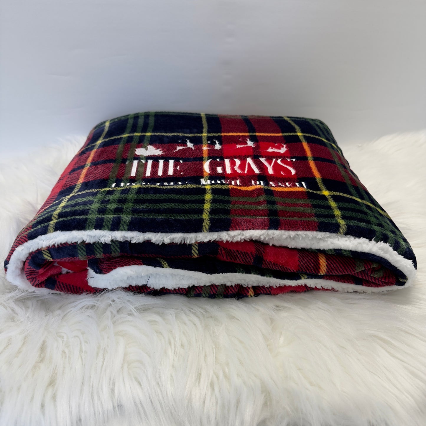 Christmas Movie Tartan Sherpa Blanket Personalised with Embroidery