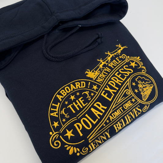 All Aboard! Christmas Polar Express Embroidered Sweater or Hoodie. Personalised for a Magical Train Ride