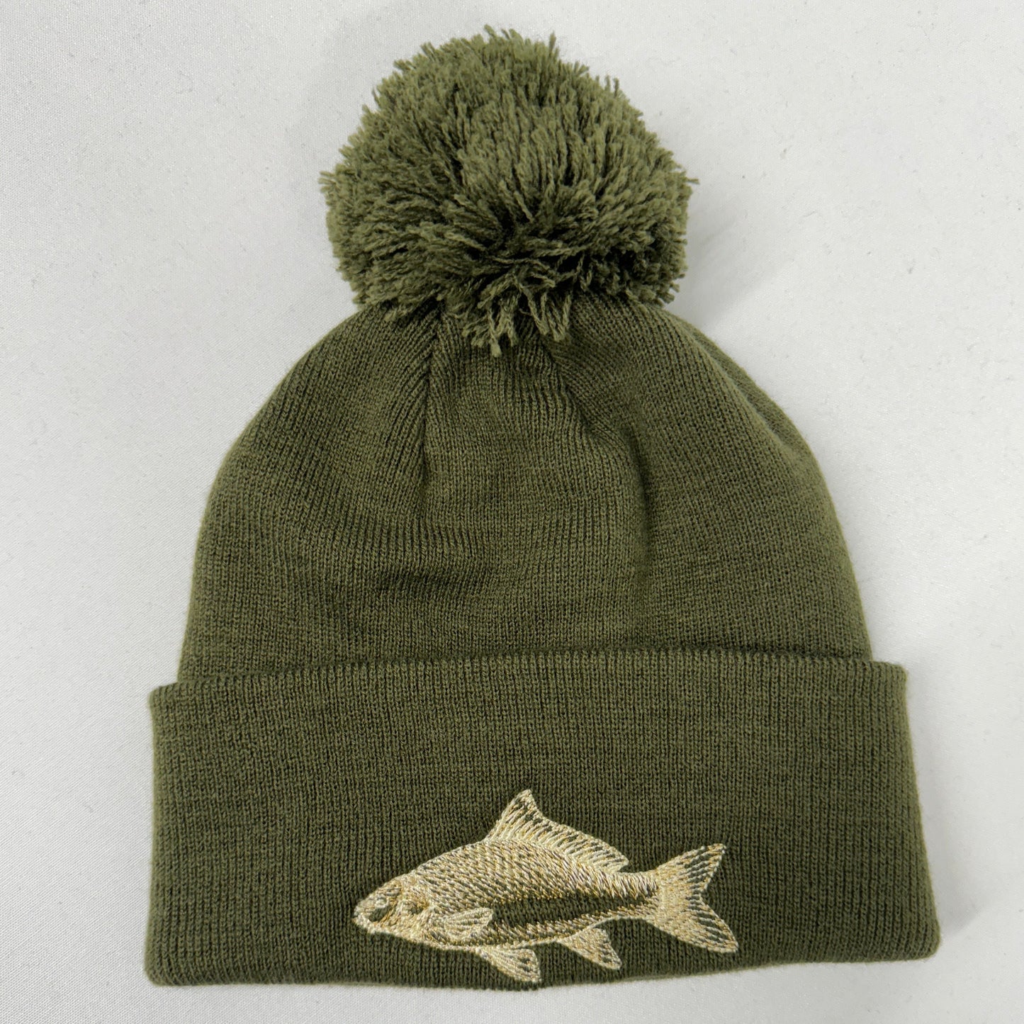 Carp Embroidered Khaki Fishing Beanie or Pompom Hat - Ideal for outdoor adventures of angling and fishing