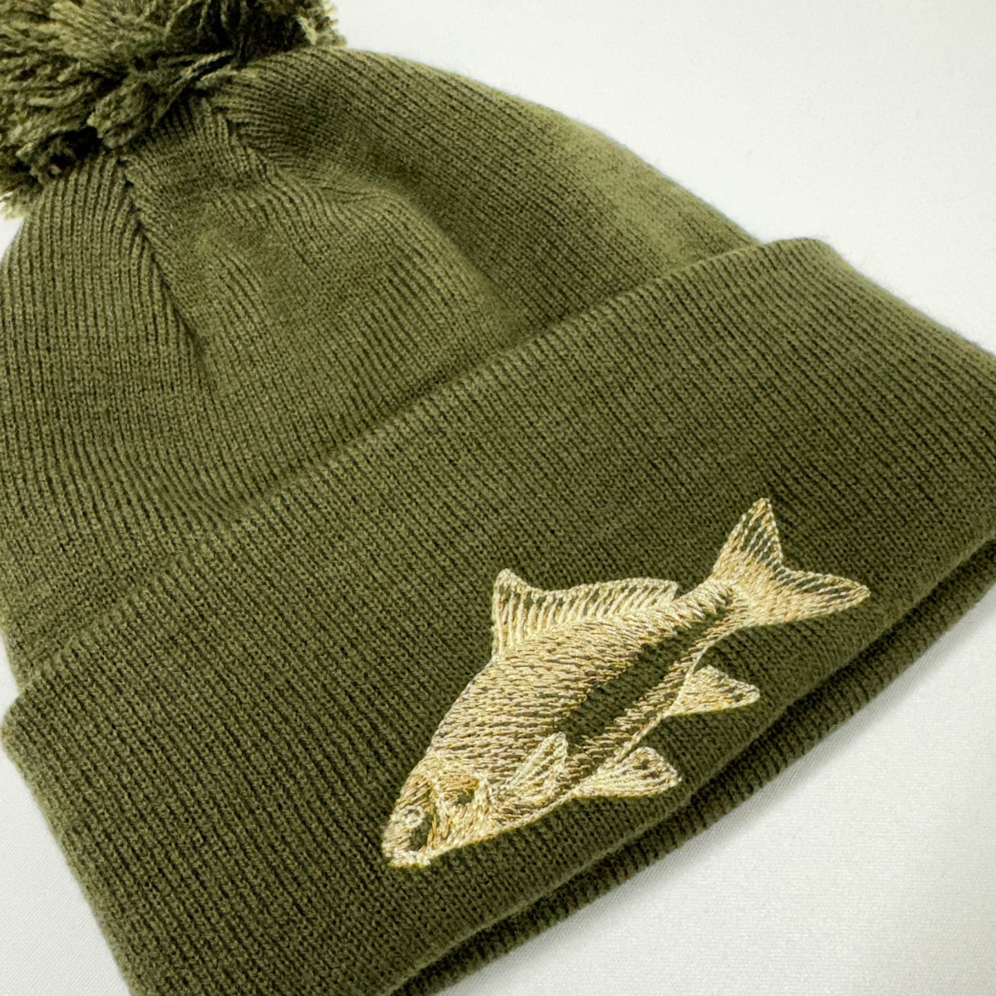 Carp Embroidered Khaki Fishing Beanie or Pompom Hat - Ideal for outdoor adventures of angling and fishing