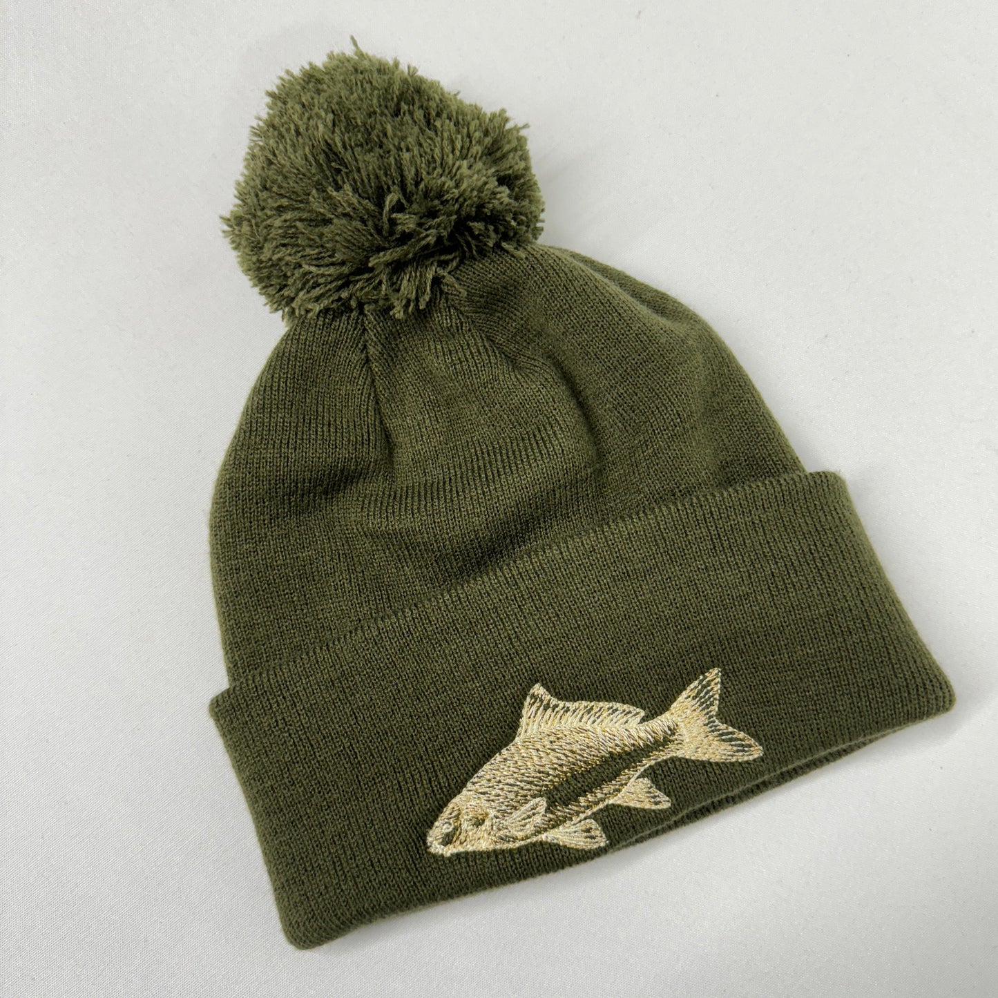 Carp Embroidered Khaki Fishing Beanie or Pompom Hat - Ideal for outdoor adventures of angling and fishing
